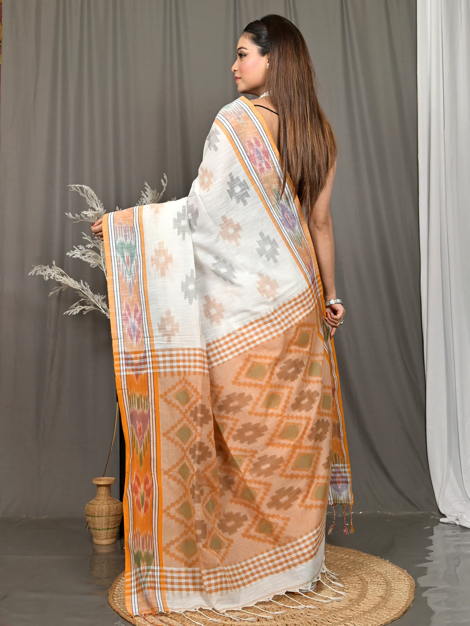 White Orange Cotton Soukor Kotki Saree  (631)