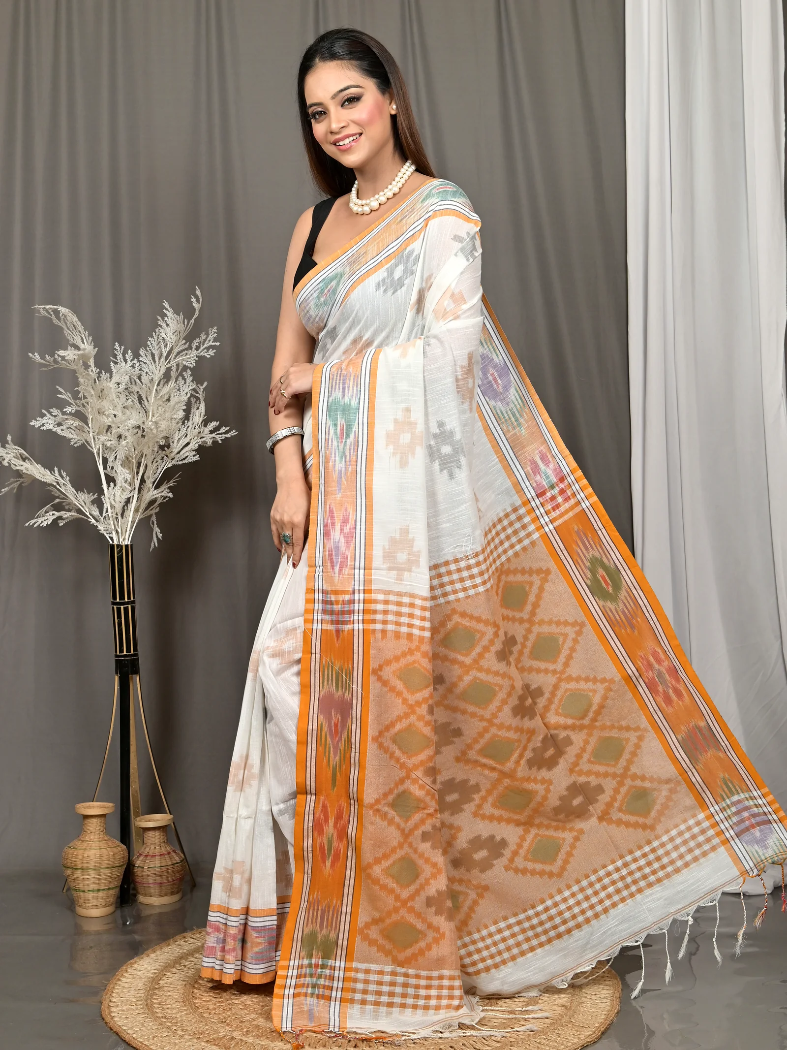 White Orange Cotton Soukor Kotki Saree  (631)