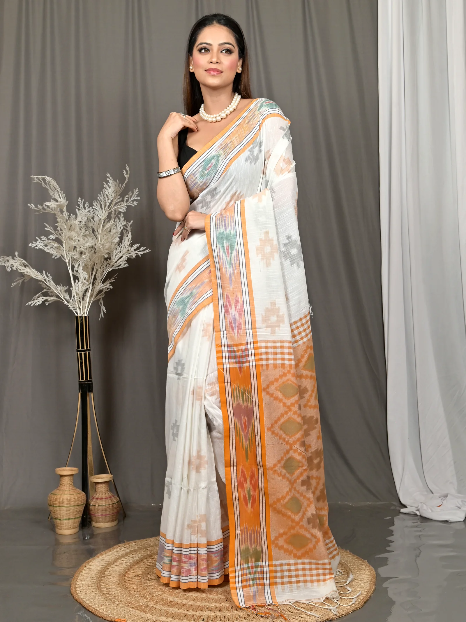 White Orange Cotton Soukor Kotki Saree  (631)