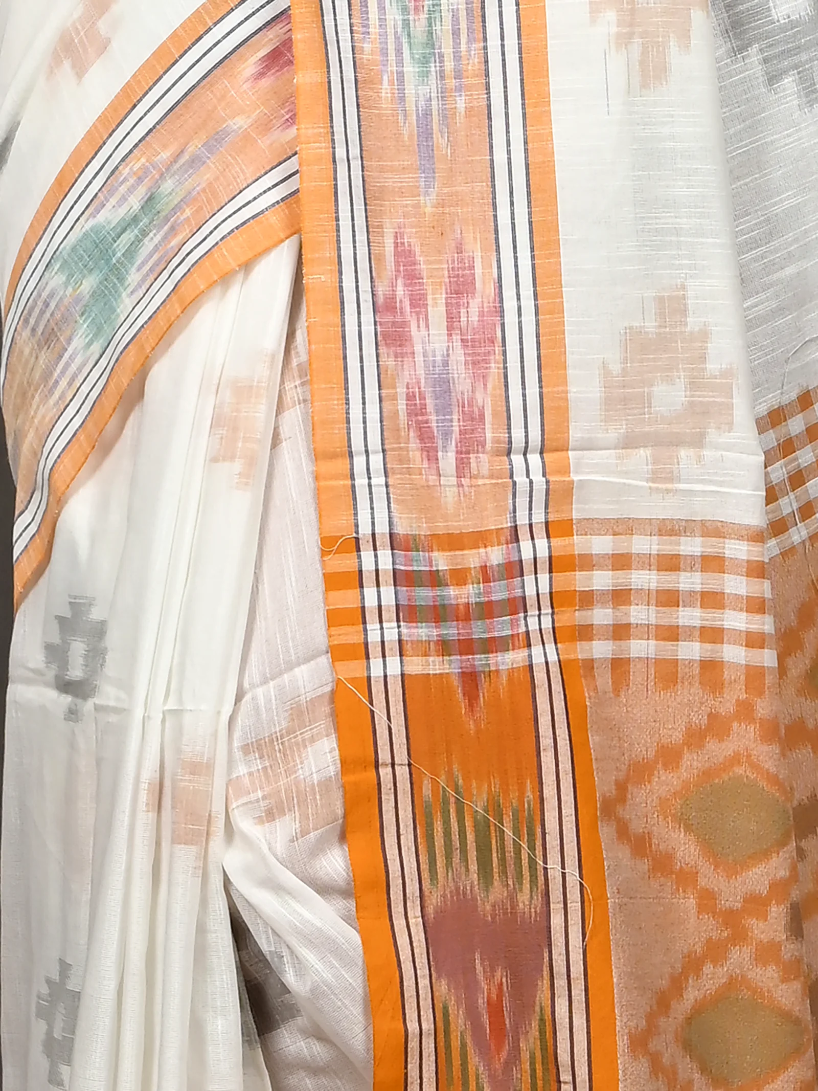 White Orange Cotton Soukor Kotki Saree  (631)