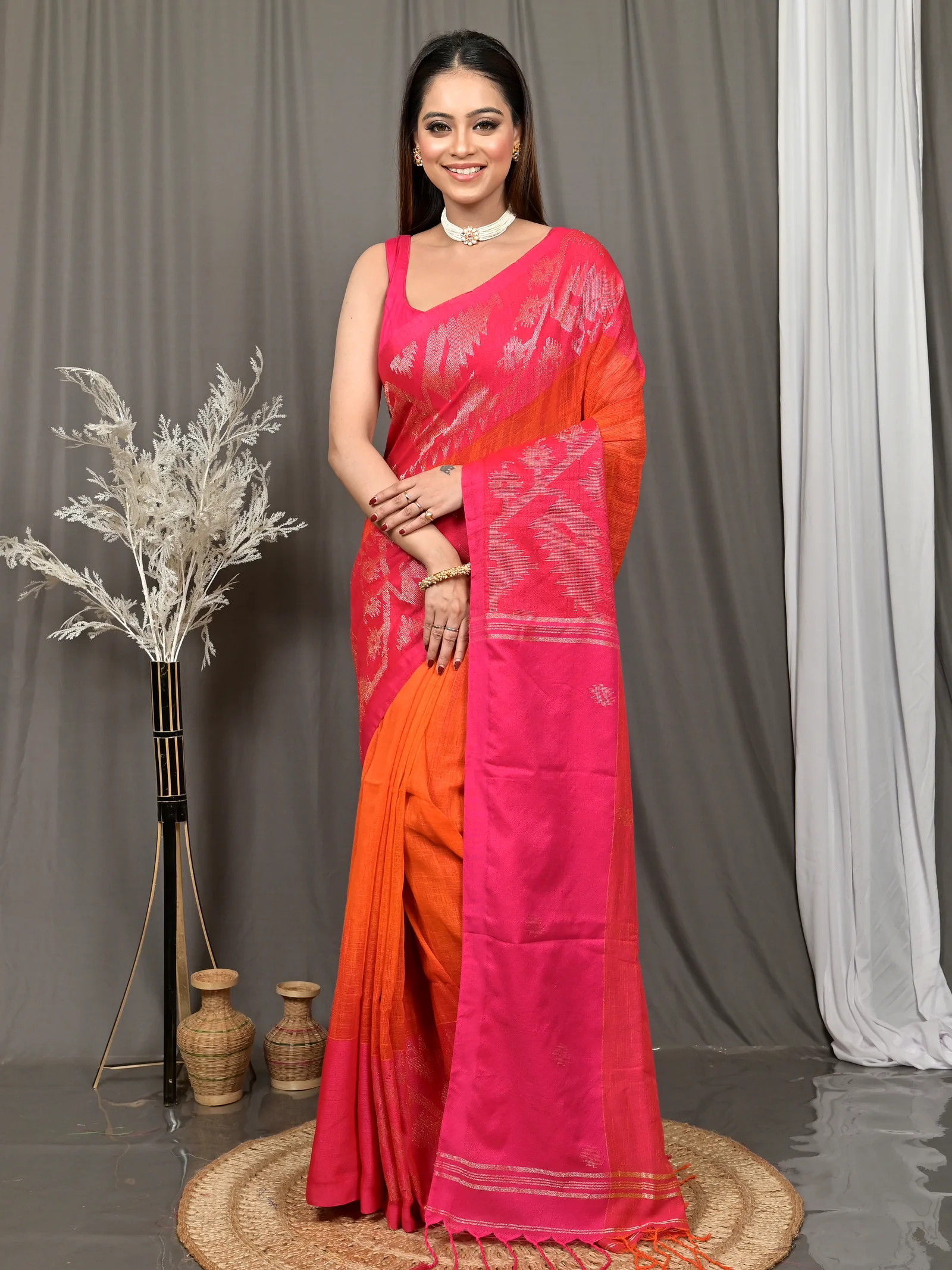 Dark Pink Cotton Soudik Handloom Saree  (632)