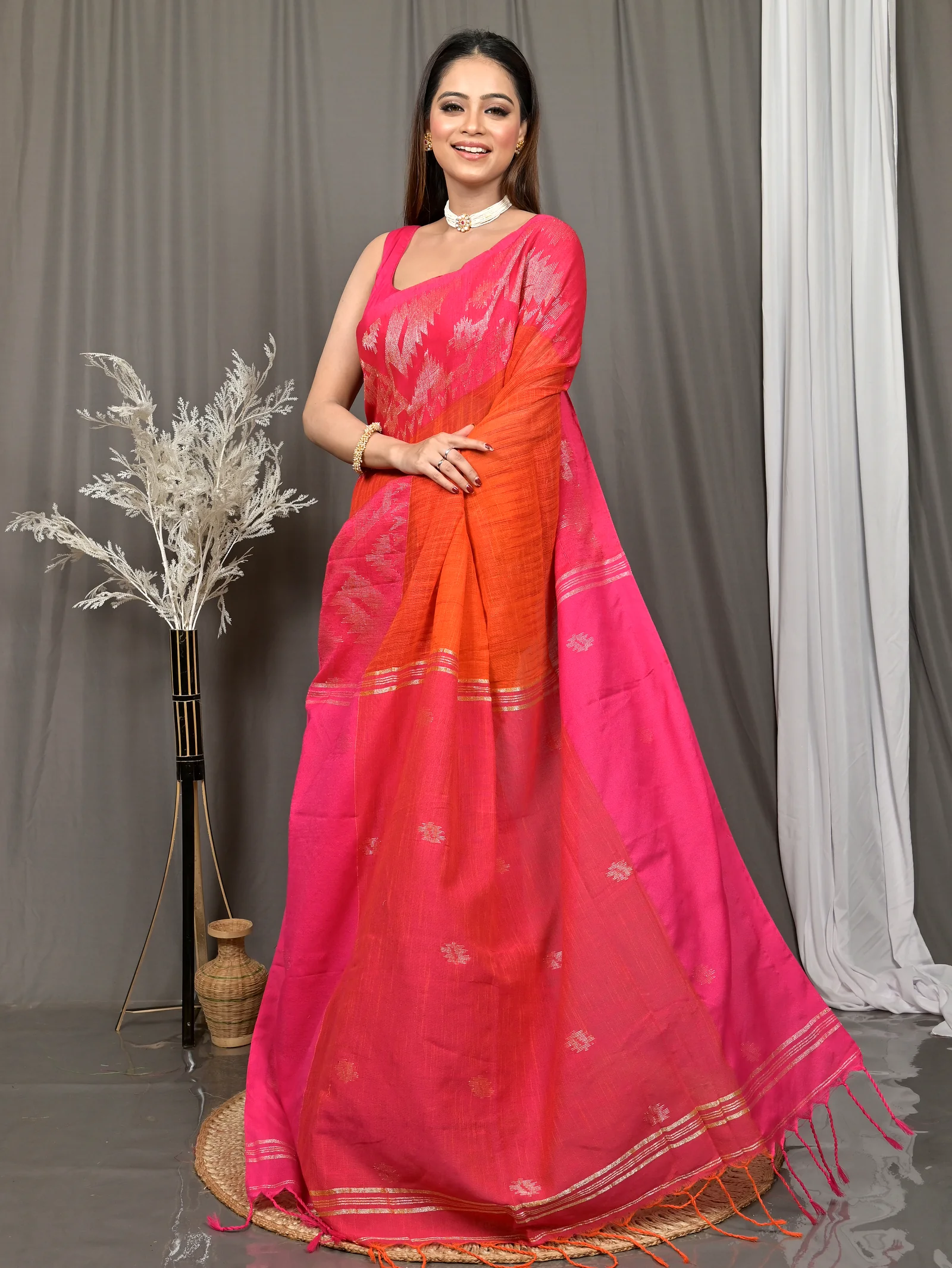 Dark Pink Cotton Soudik Handloom Saree  (632)