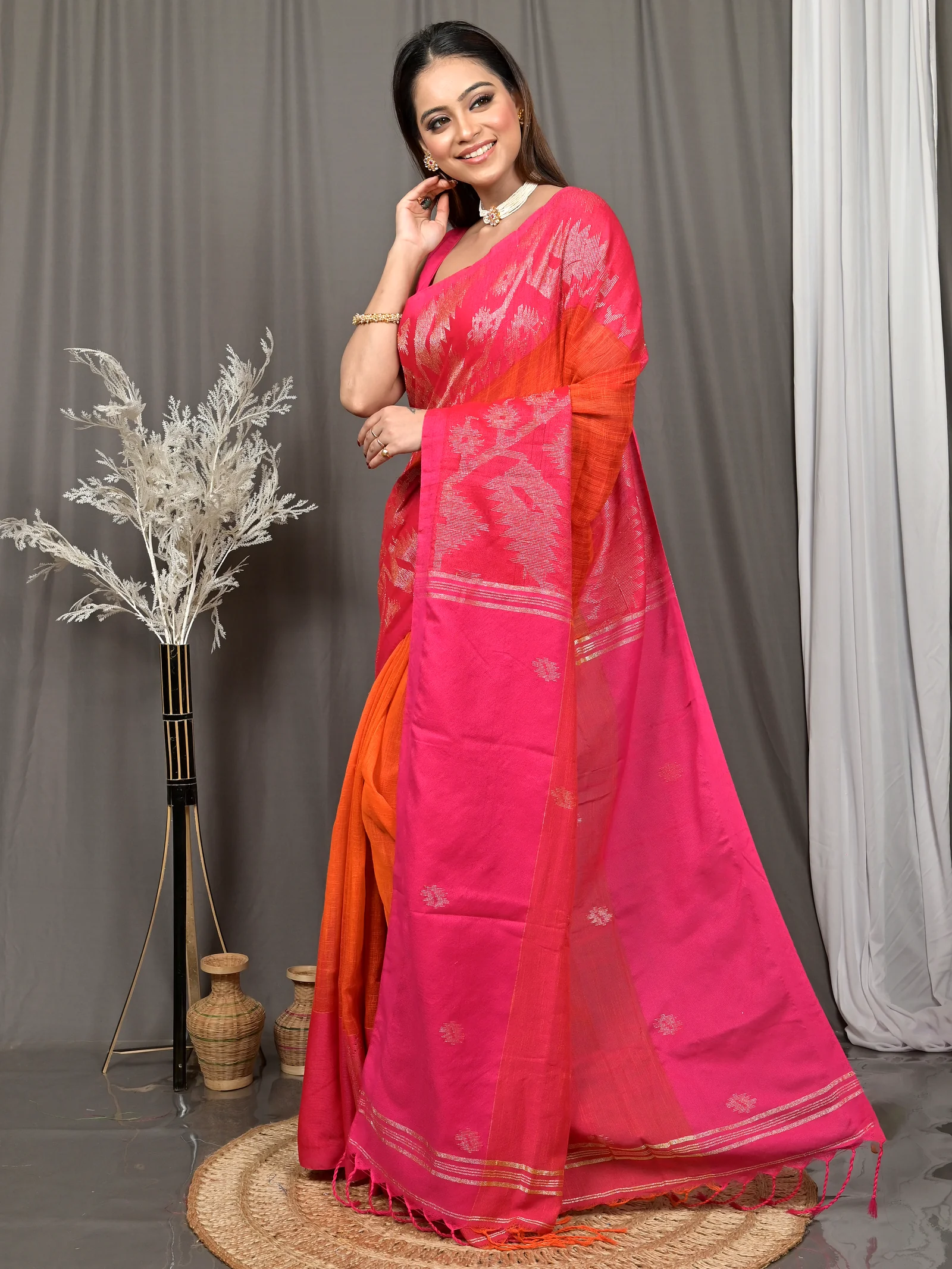 Dark Pink Cotton Soudik Handloom Saree  (632)