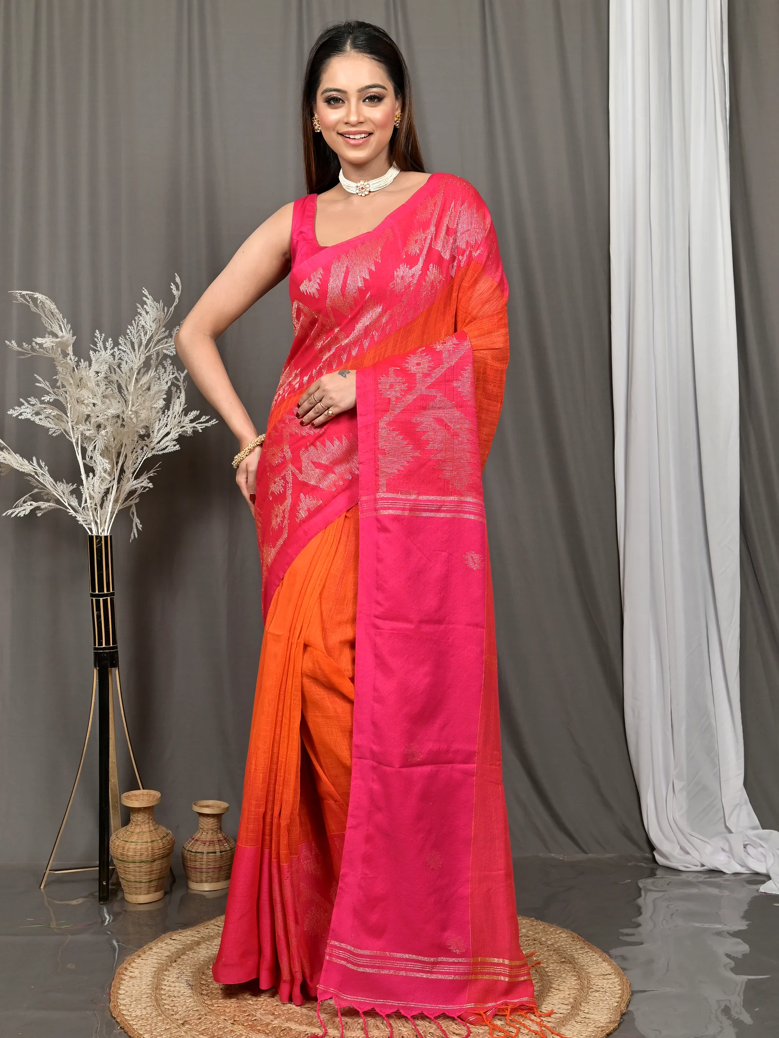 Dark Pink Cotton Soudik Handloom Saree  (632)