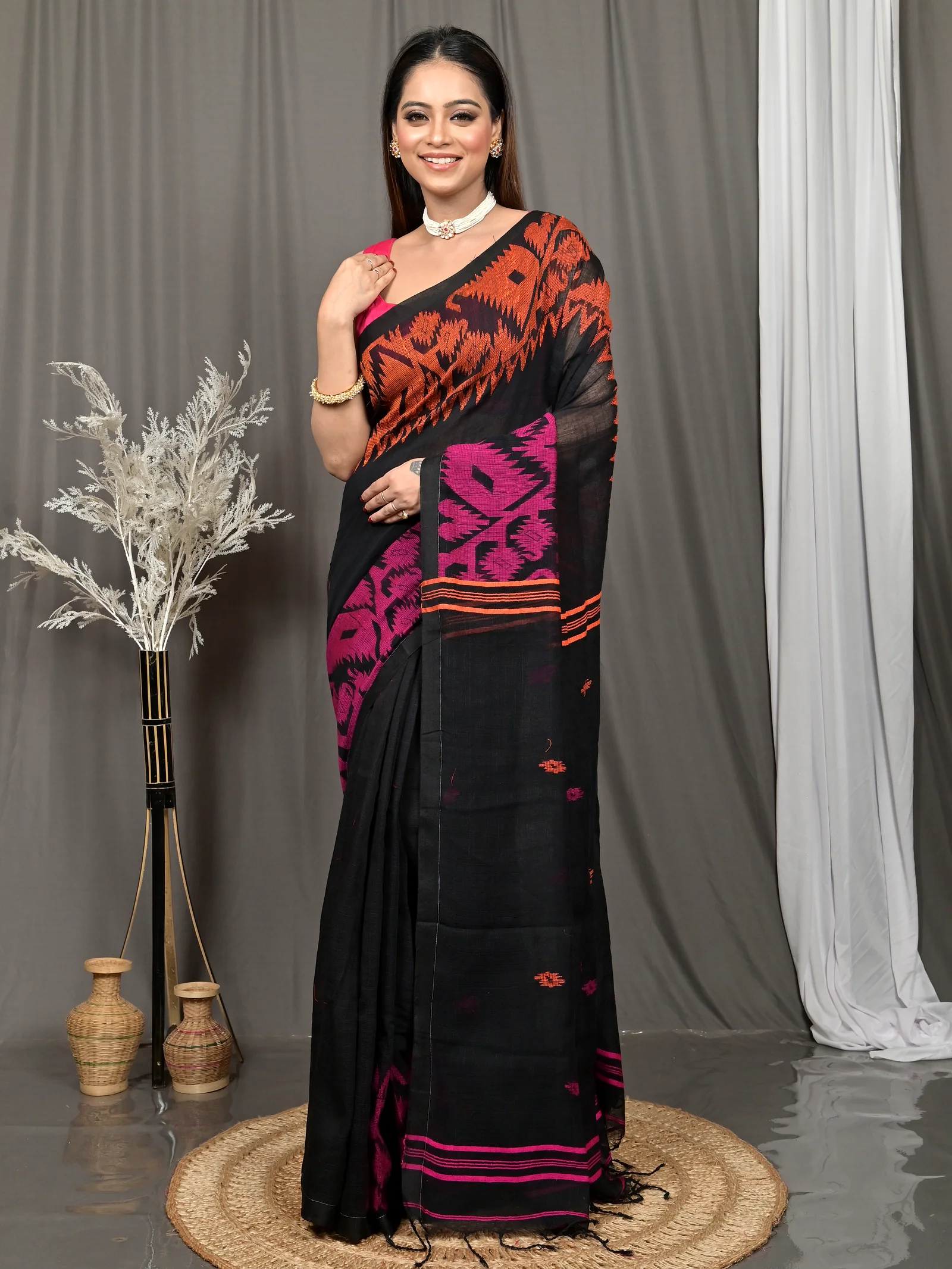 Black Cotton Soudik Handloom Saree  (633)
