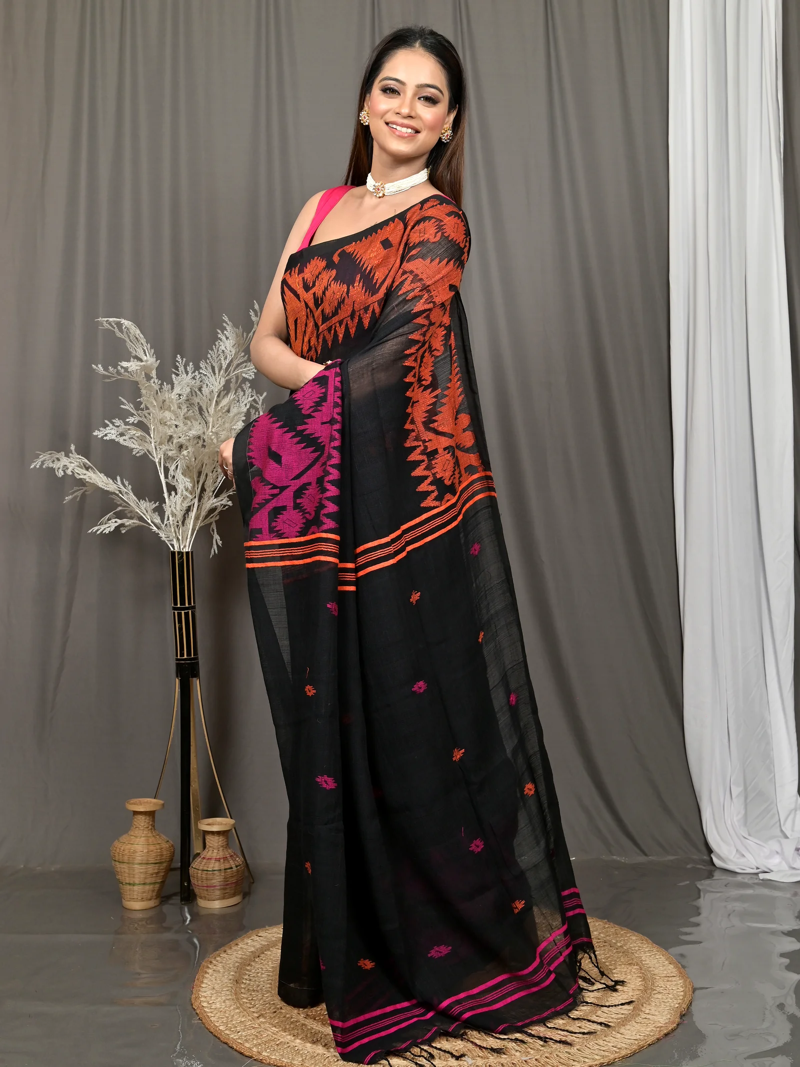 Black Cotton Soudik Handloom Saree  (633)