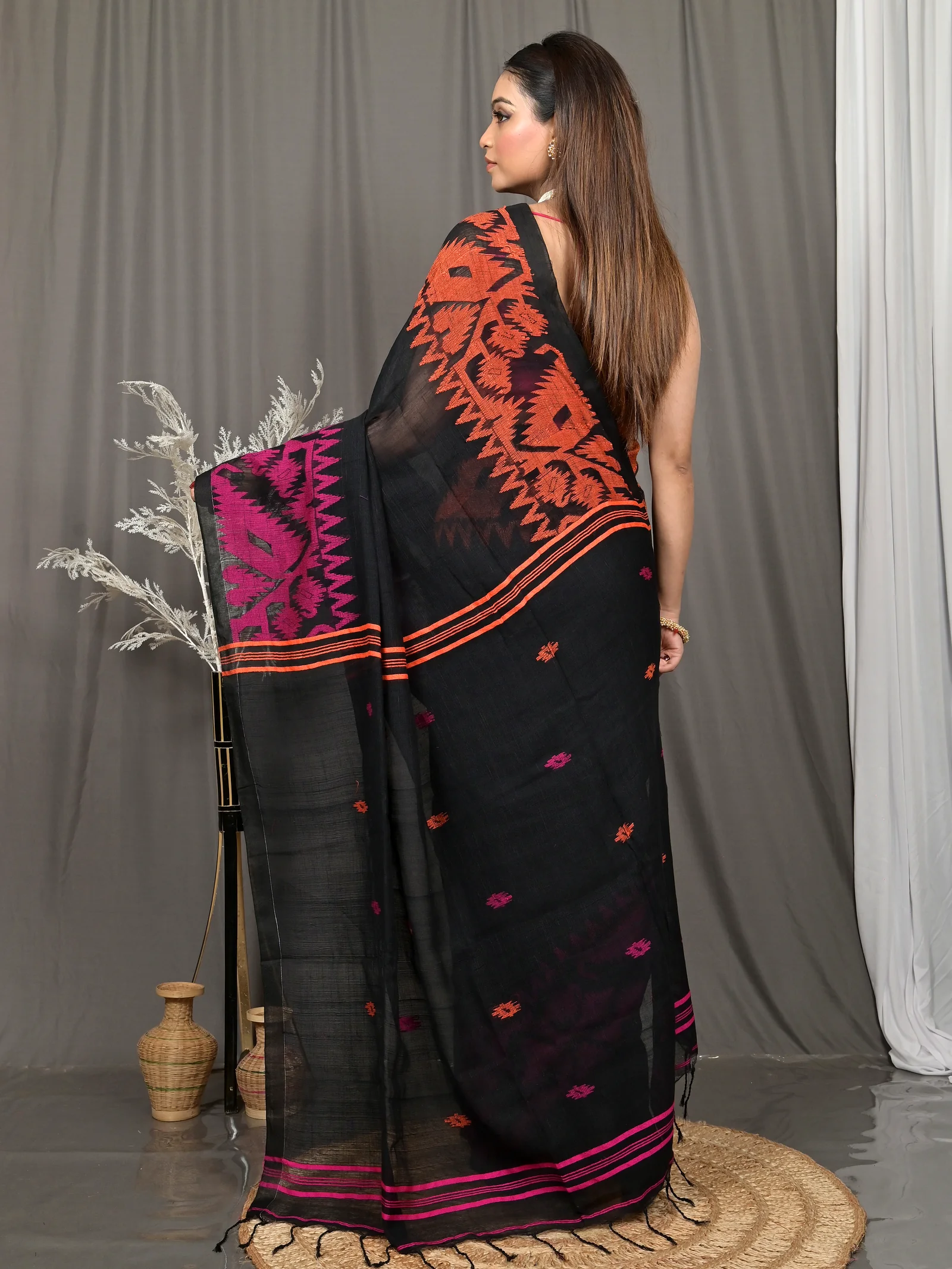 Black Cotton Soudik Handloom Saree  (633)