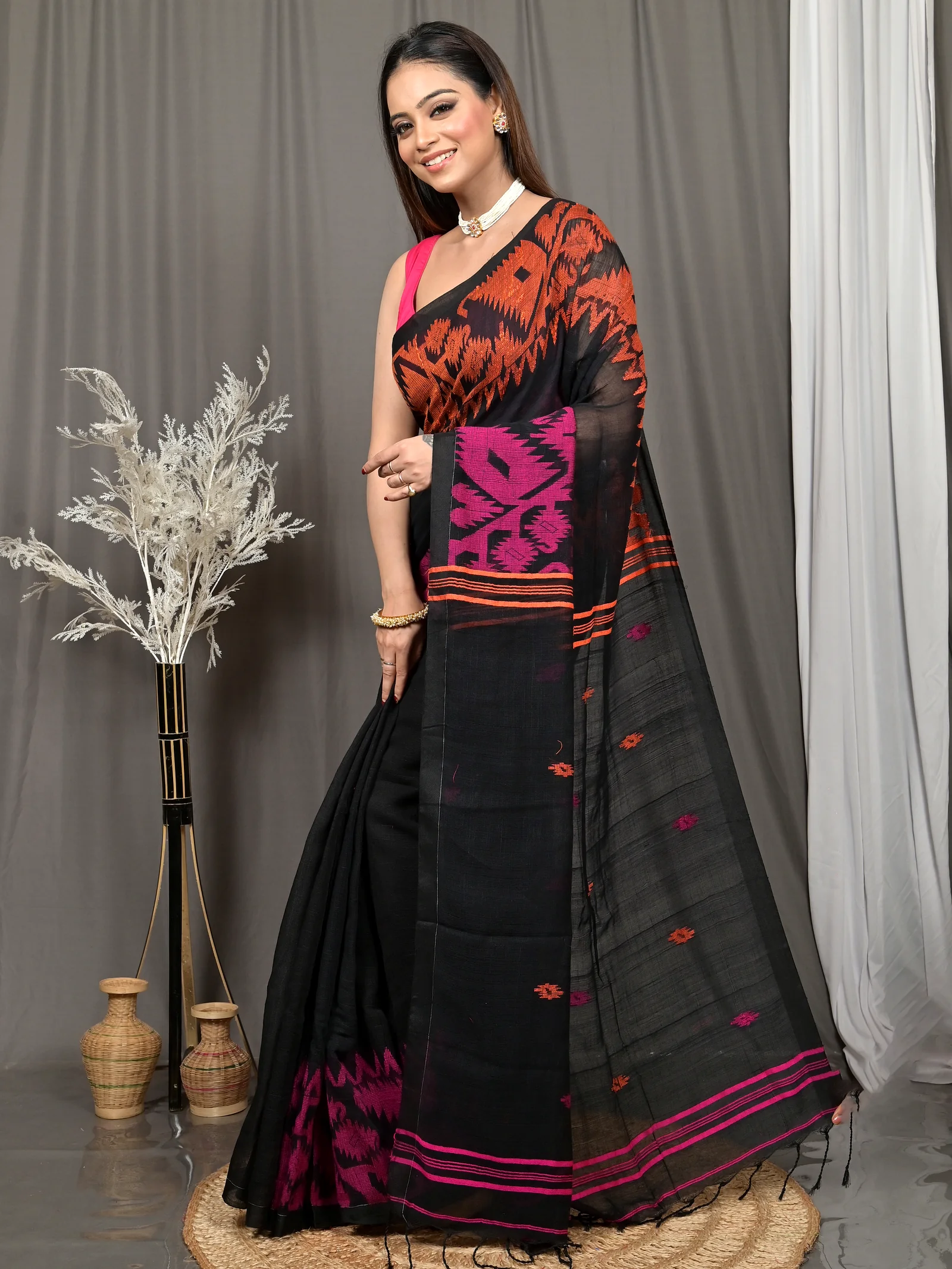 Black Cotton Soudik Handloom Saree  (633)