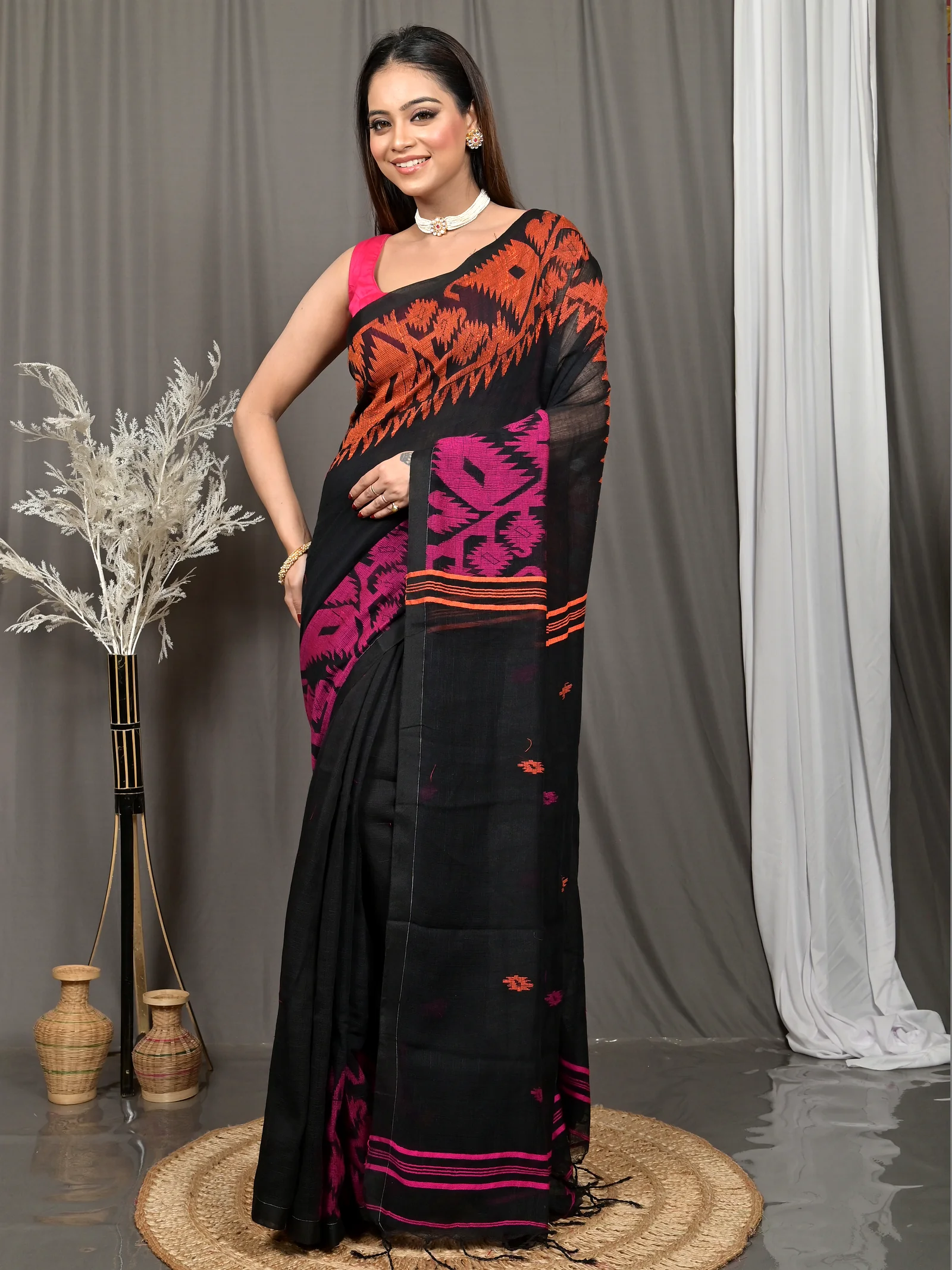 Black Cotton Soudik Handloom Saree  (633)