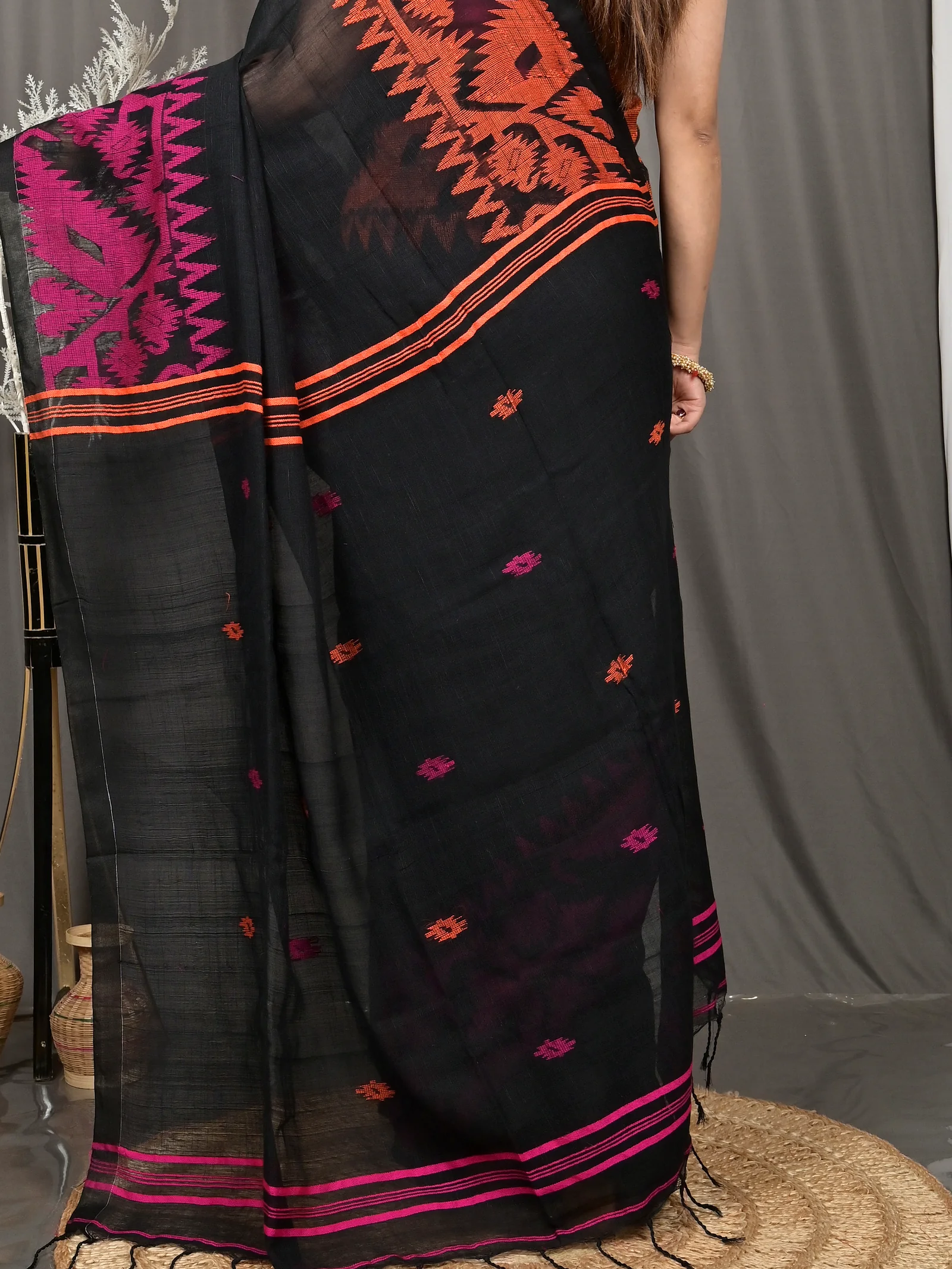 Black Cotton Soudik Handloom Saree  (633)