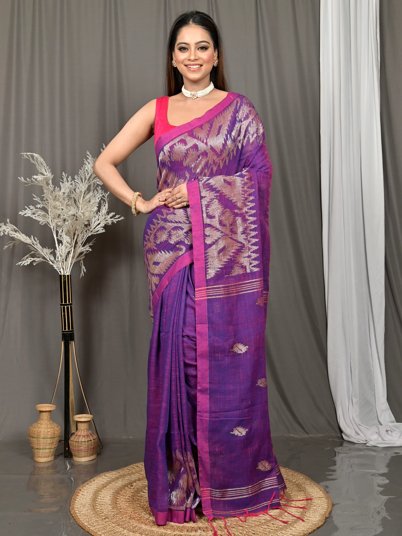 Dark Violet Cotton Soudik Handloom Saree  (634)