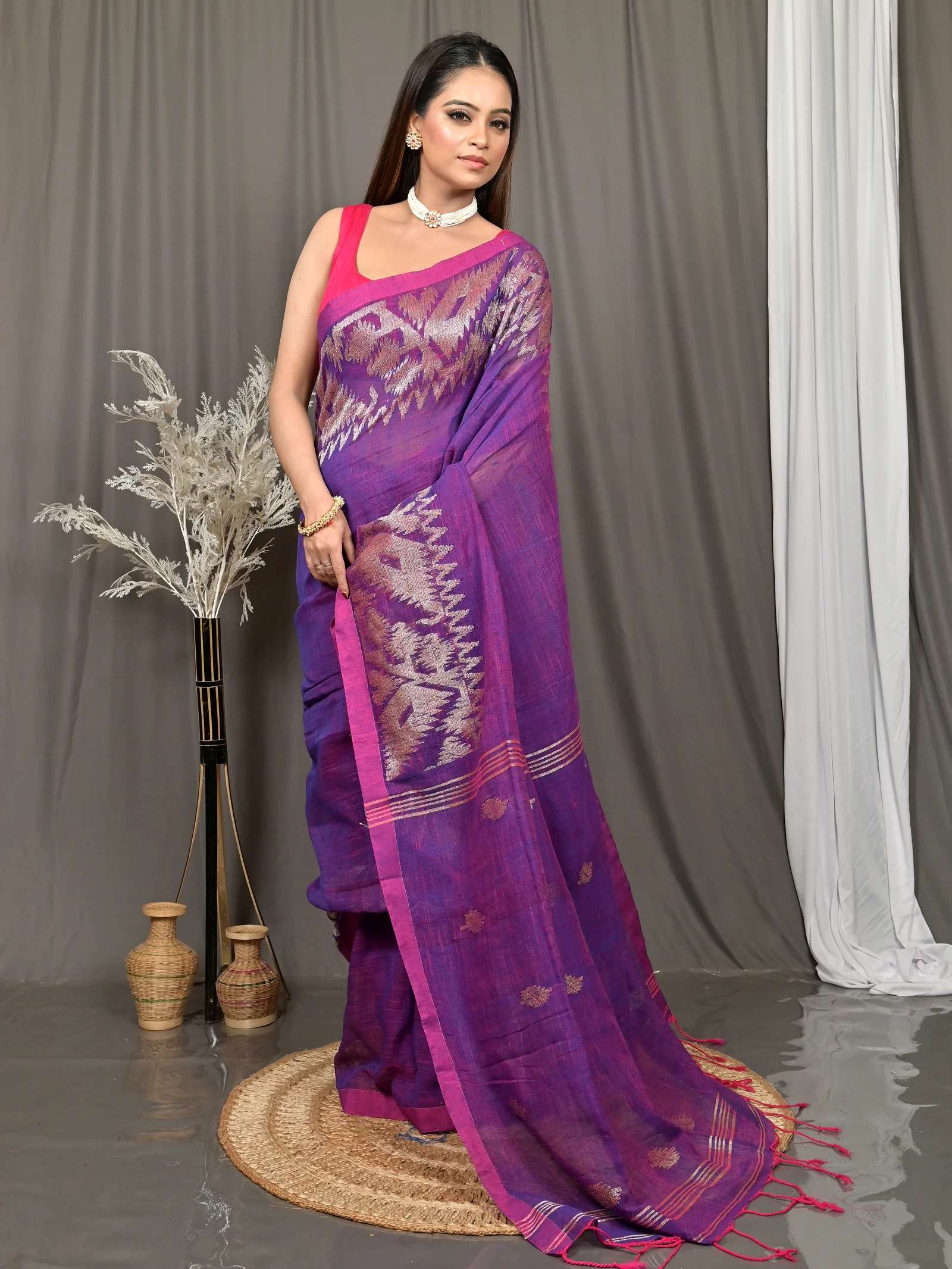 Dark Violet Cotton Soudik Handloom Saree  (634)