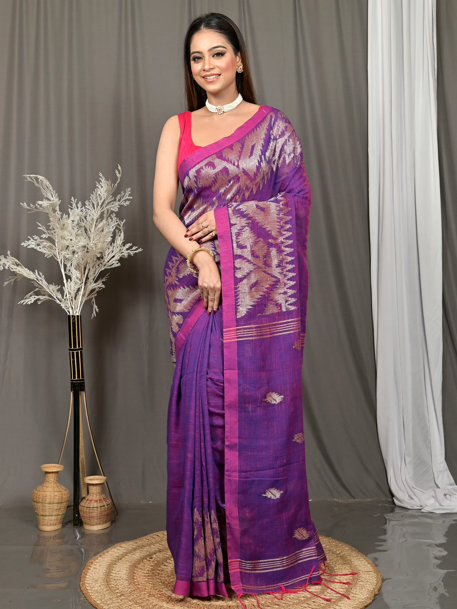 Dark Violet Cotton Soudik Handloom Saree  (634)