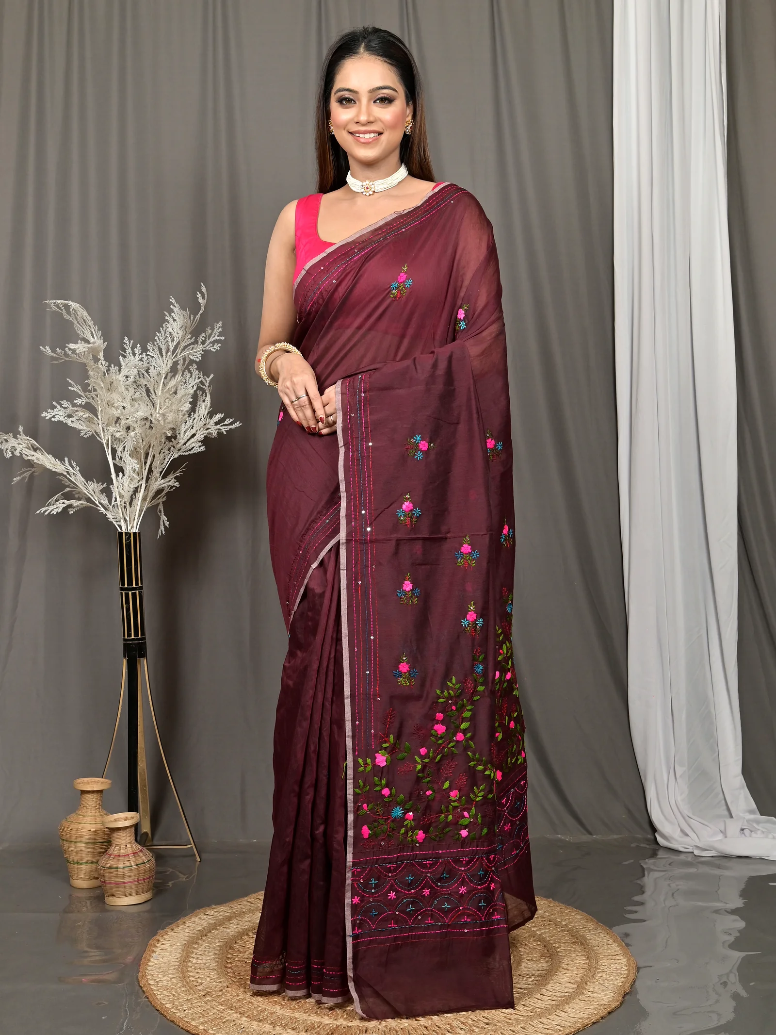 Maroon Cotton Soubun Kathan Saree  (635)