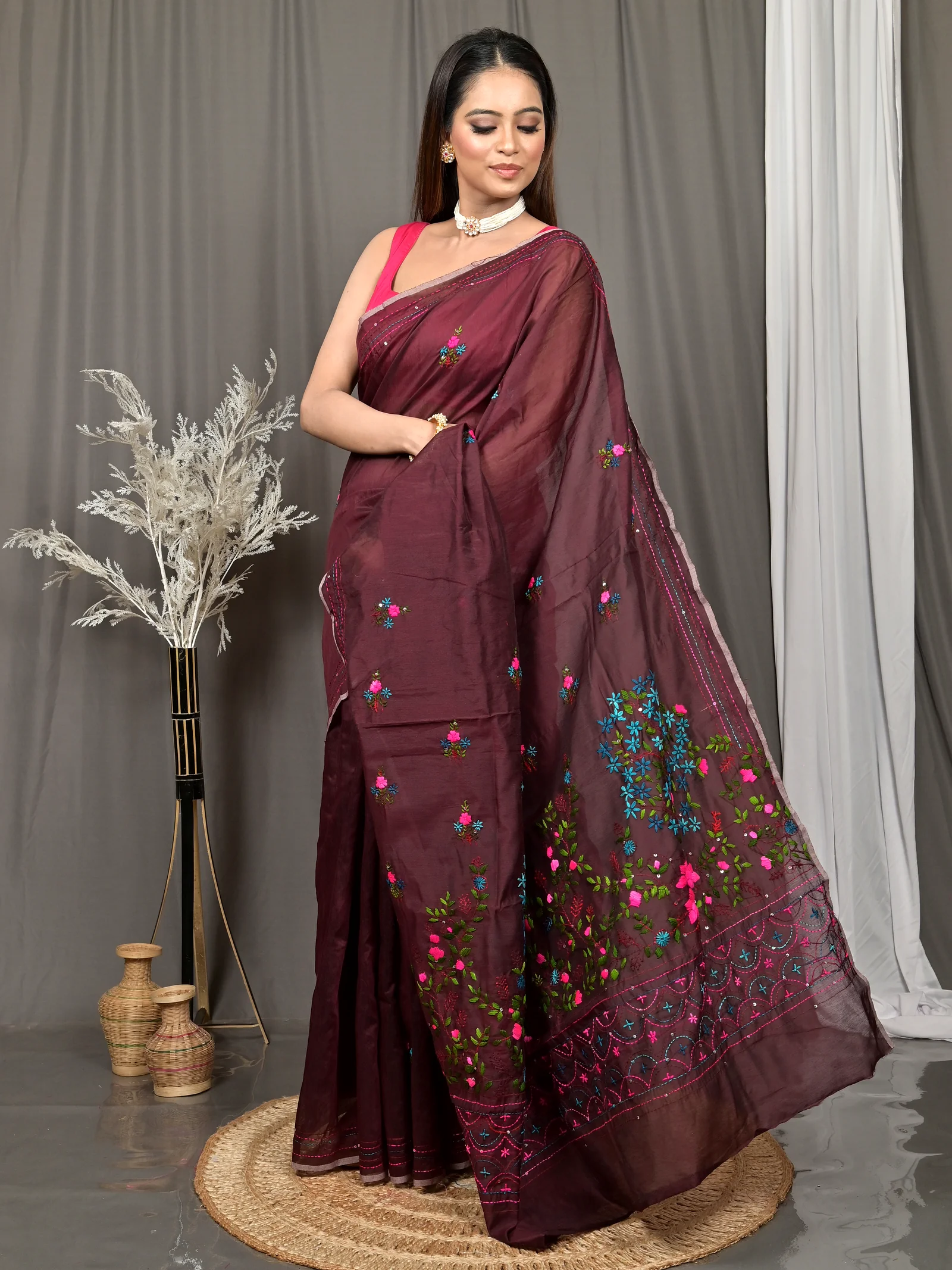 Maroon Cotton Soubun Kathan Saree  (635)