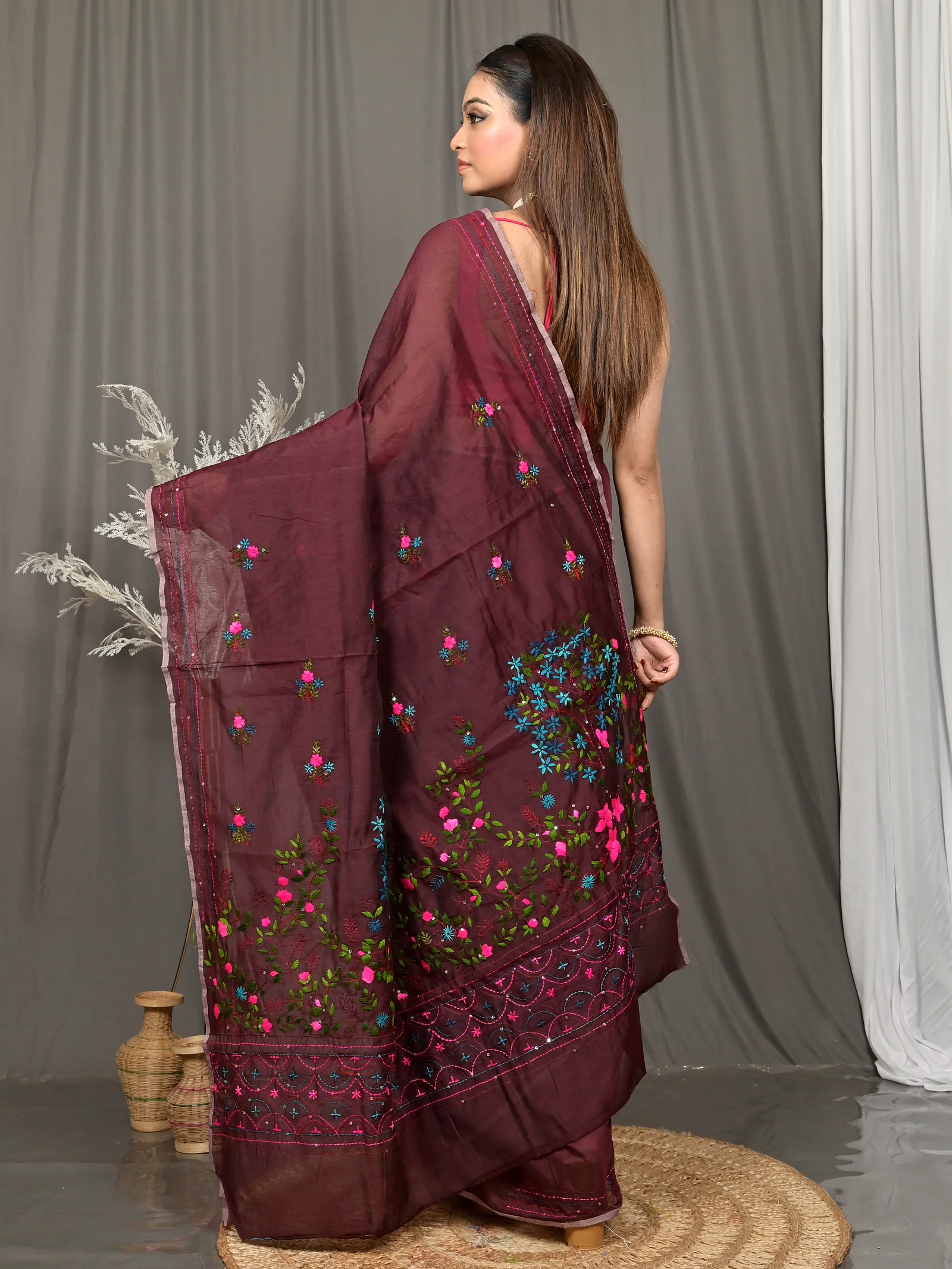 Maroon Cotton Soubun Kathan Saree  (635)