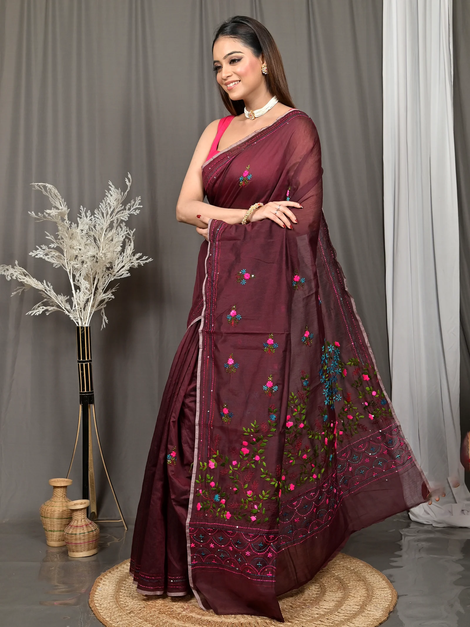 Maroon Cotton Soubun Kathan Saree  (635)