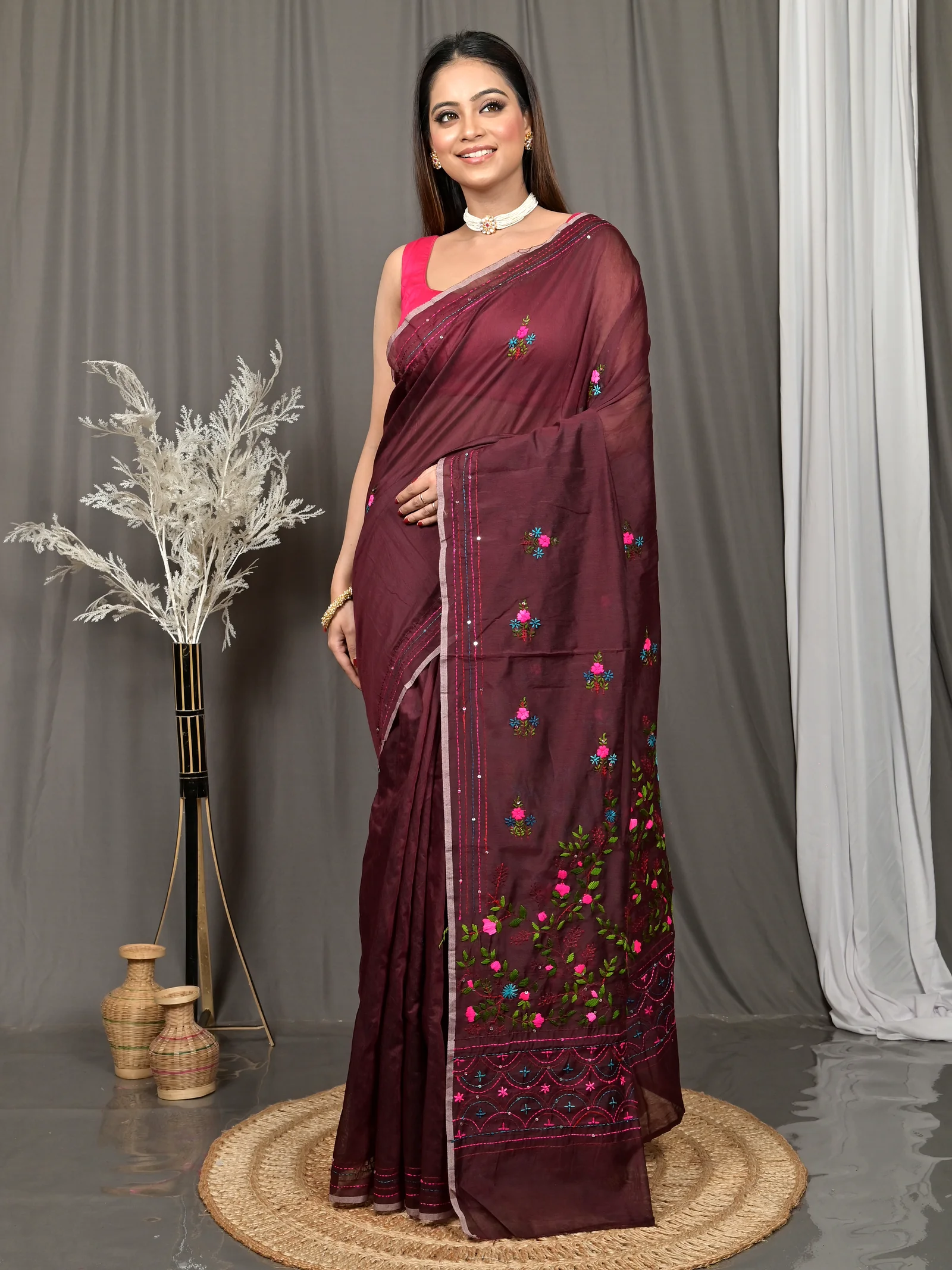 Maroon Cotton Soubun Kathan Saree  (635)