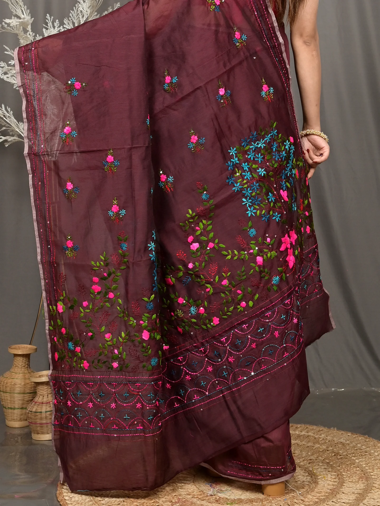 Maroon Cotton Soubun Kathan Saree  (635)