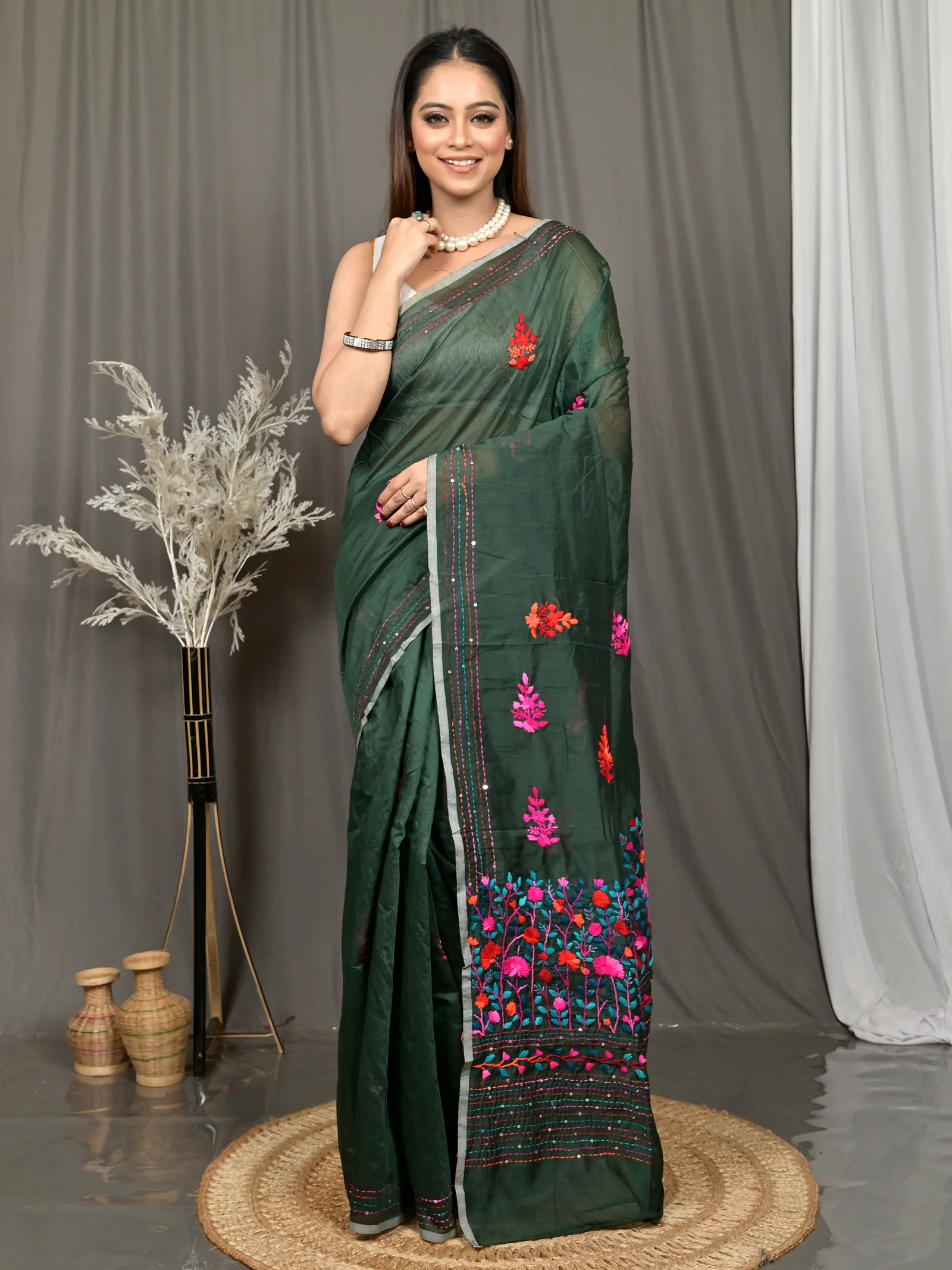 Bottle Green Cotton Soubun Kathan Saree  (637)