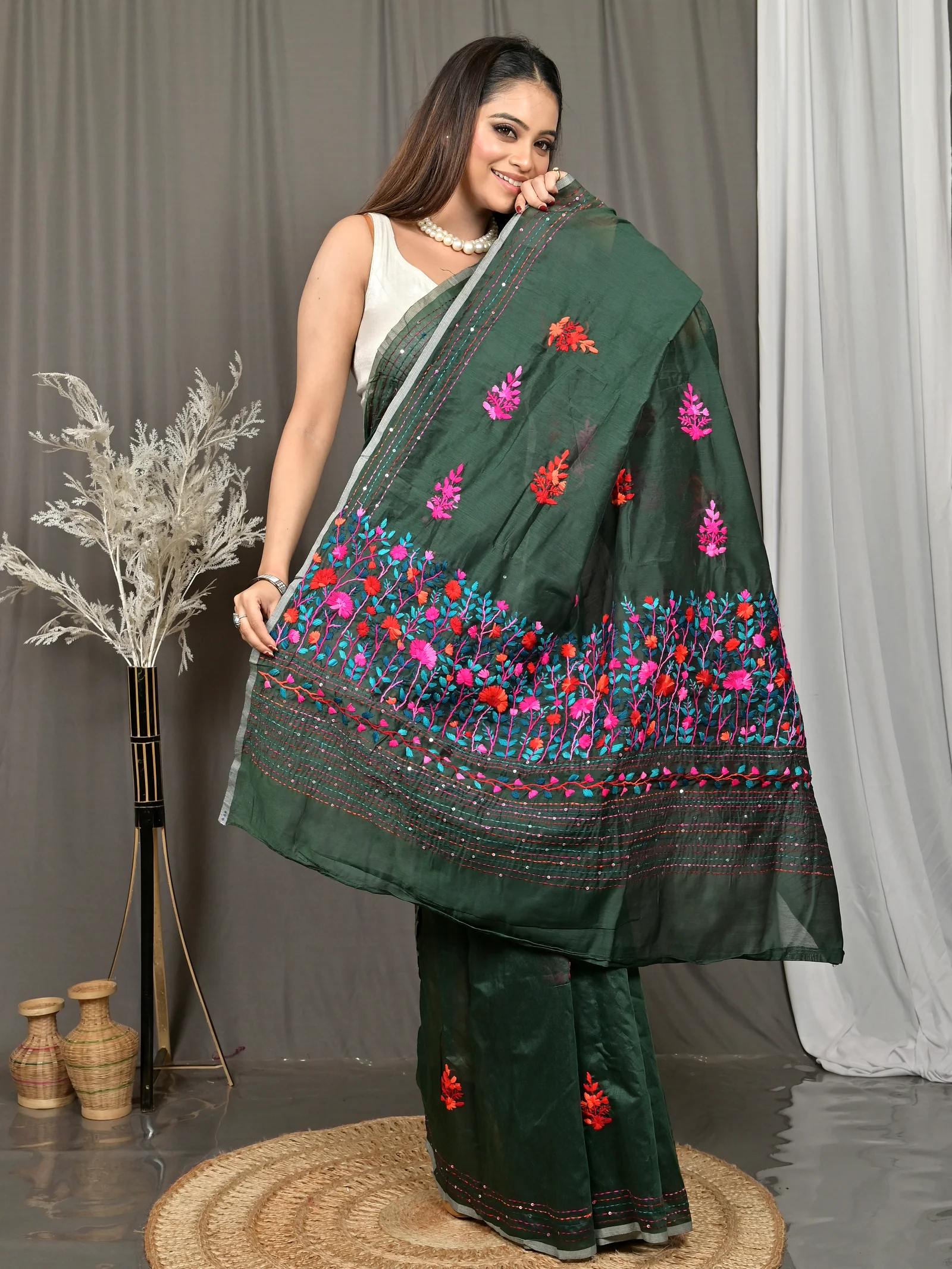 Bottle Green Cotton Soubun Kathan Saree  (637)
