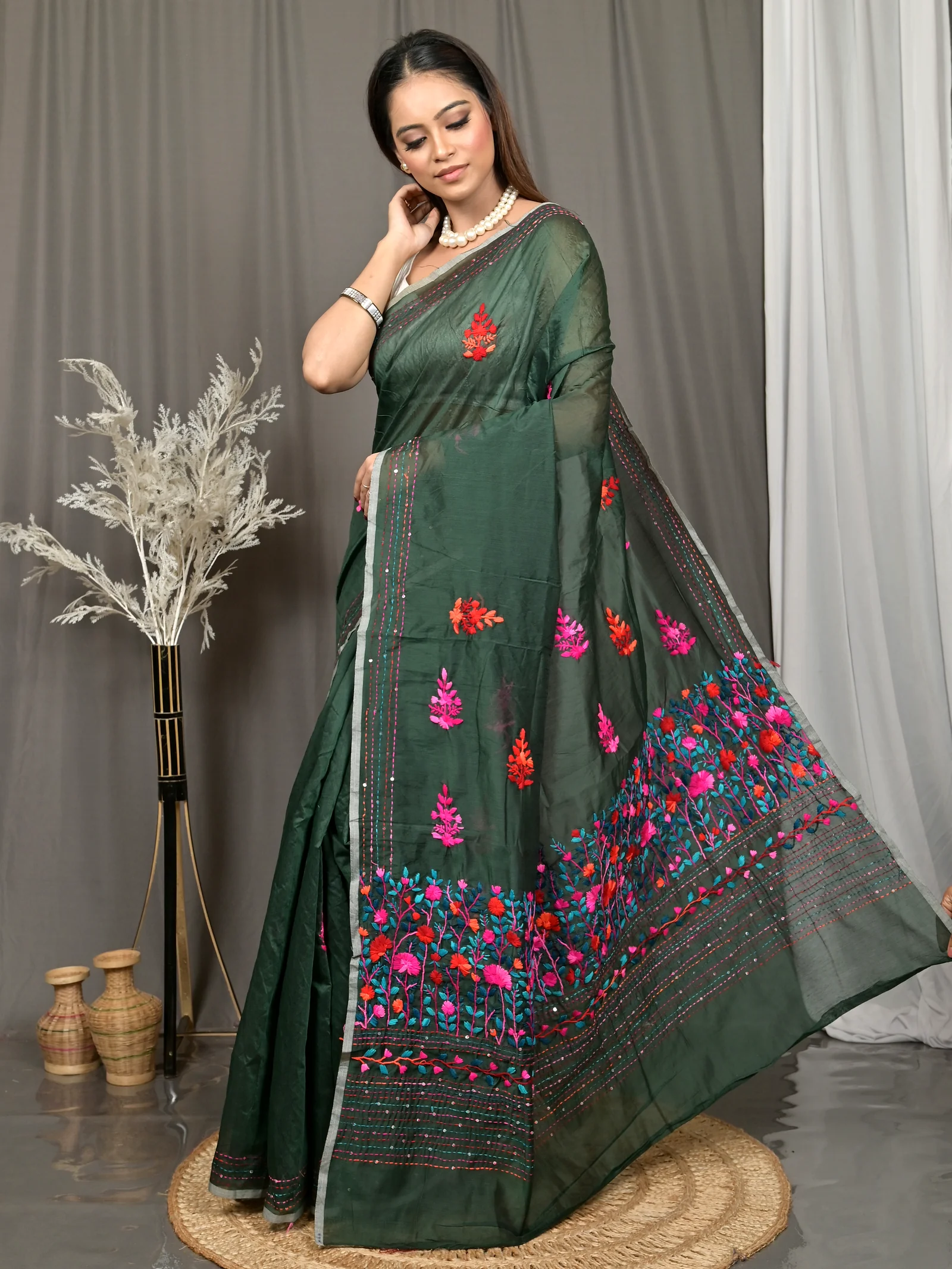 Bottle Green Cotton Soubun Kathan Saree  (637)