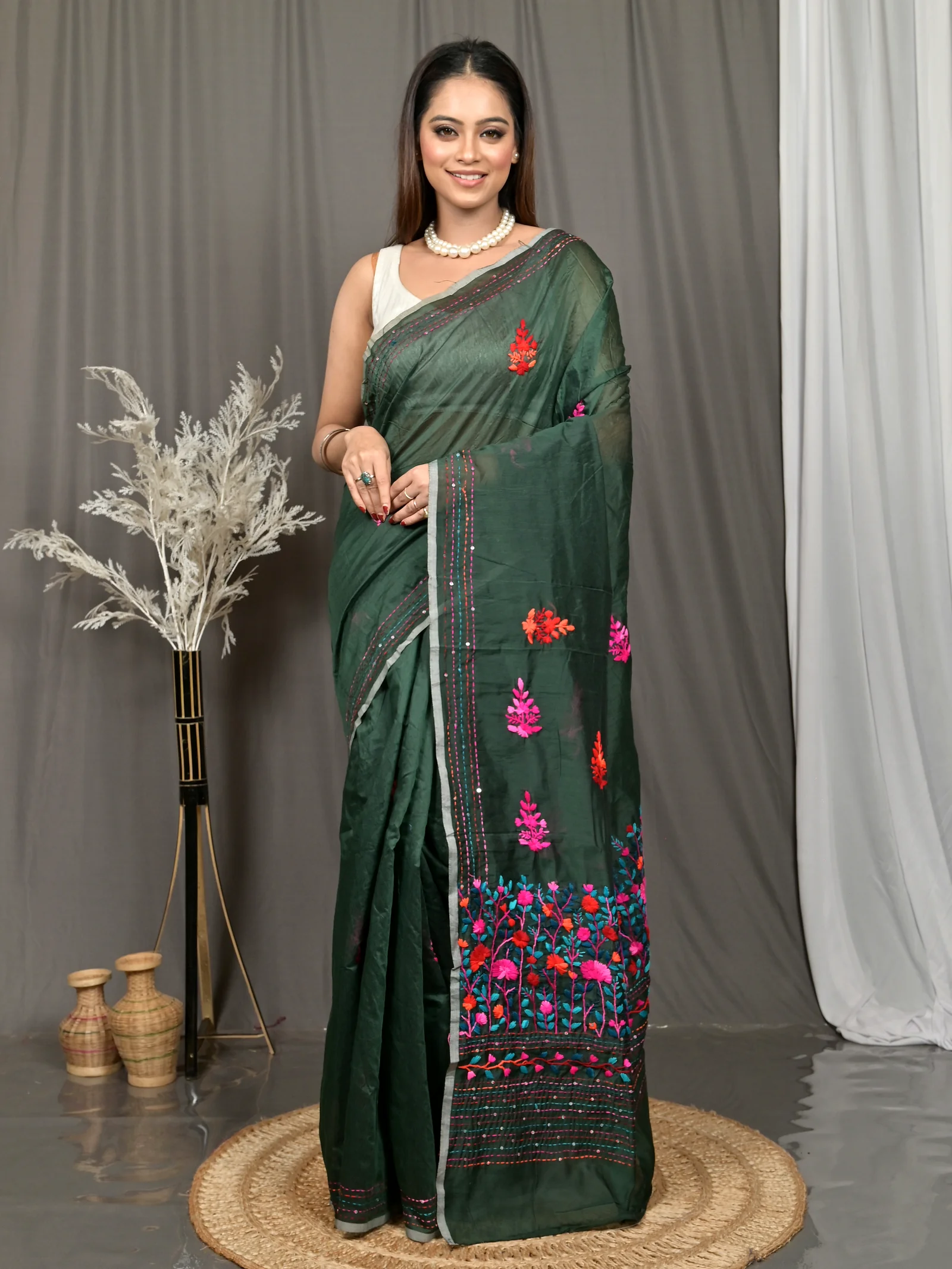 Bottle Green Cotton Soubun Kathan Saree  (637)