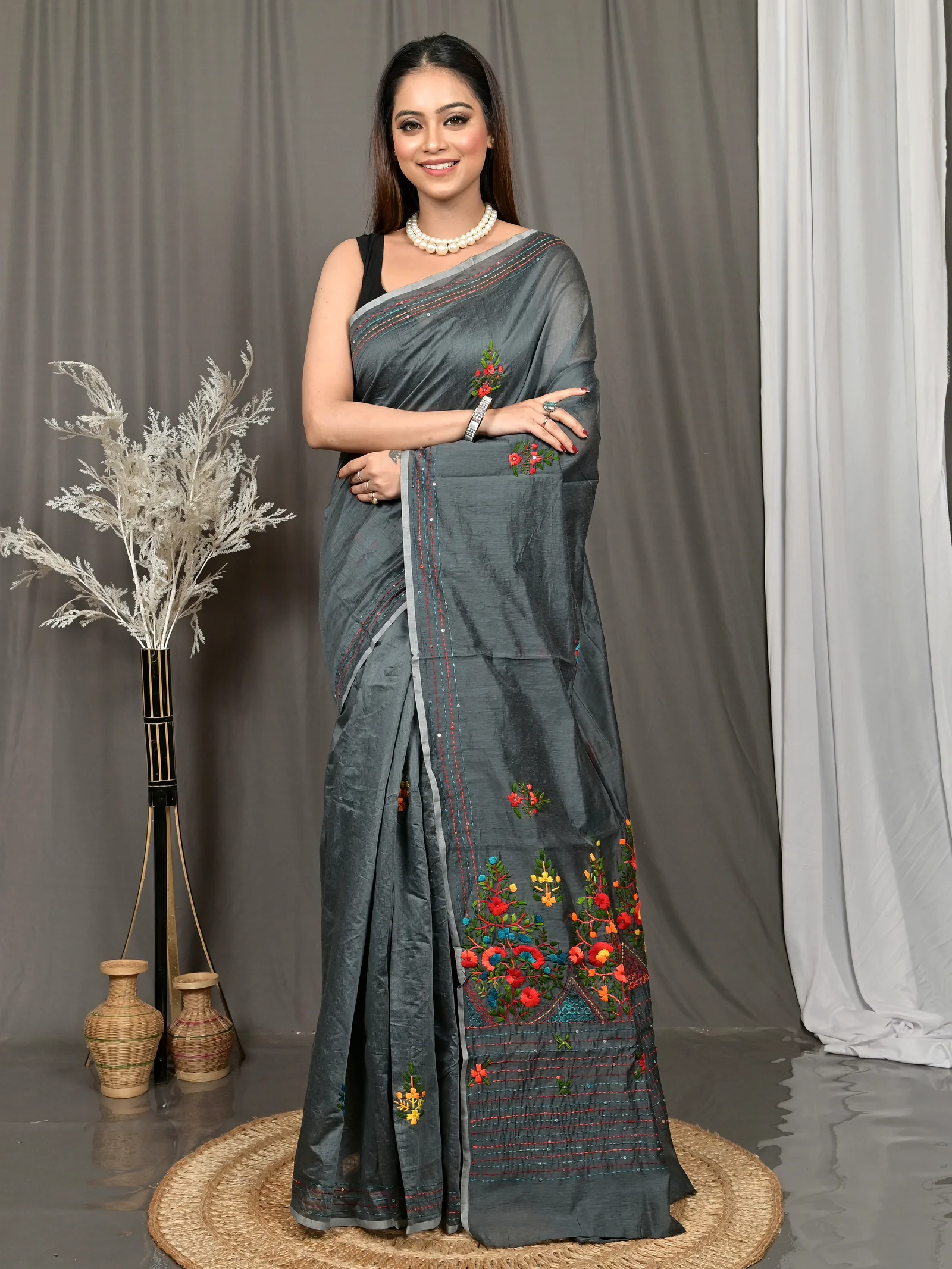 Dark Grey Cotton Soubun Kathan Saree  (638)