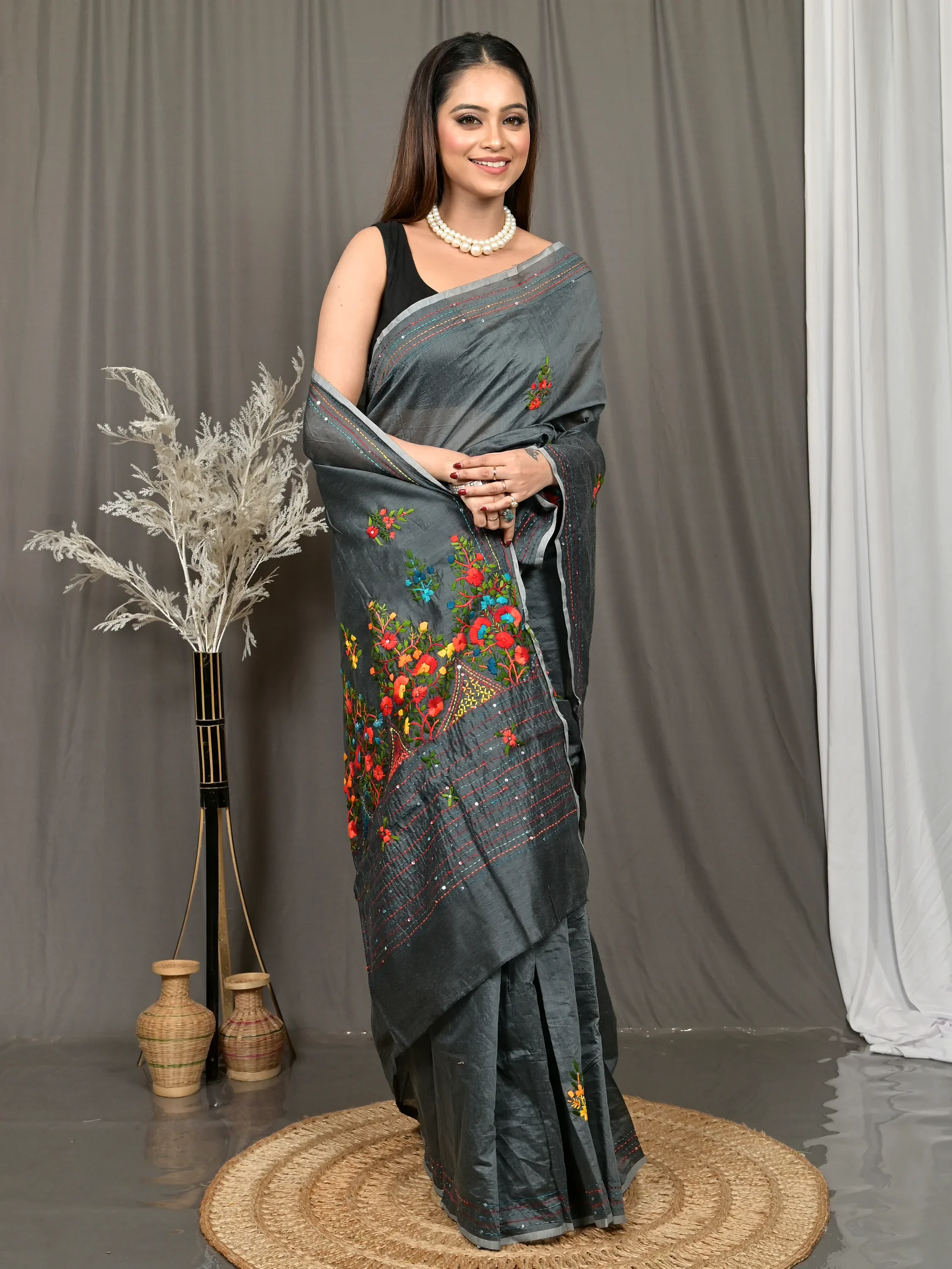 Dark Grey Cotton Soubun Kathan Saree  (638)