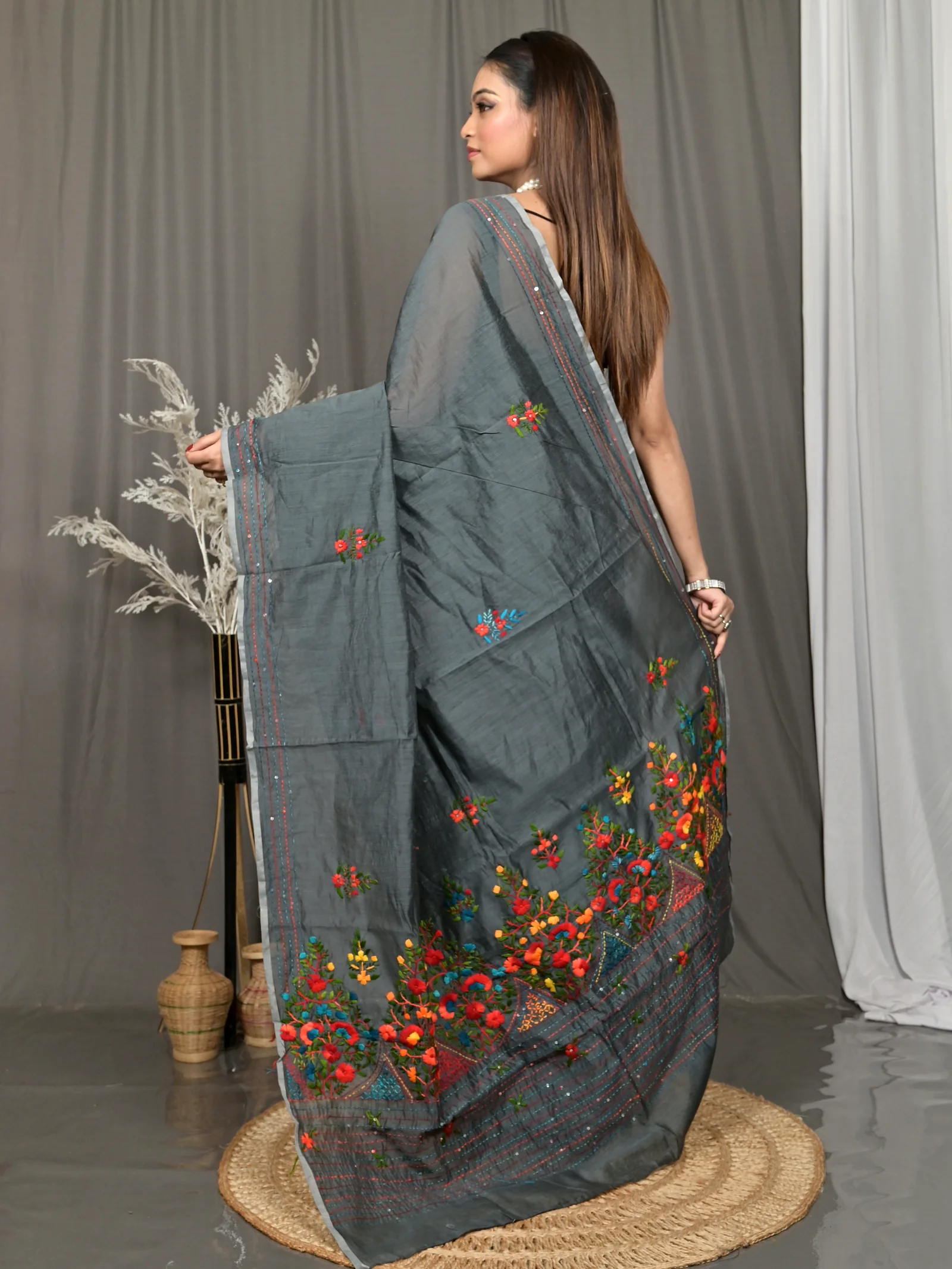 Dark Grey Cotton Soubun Kathan Saree  (638)