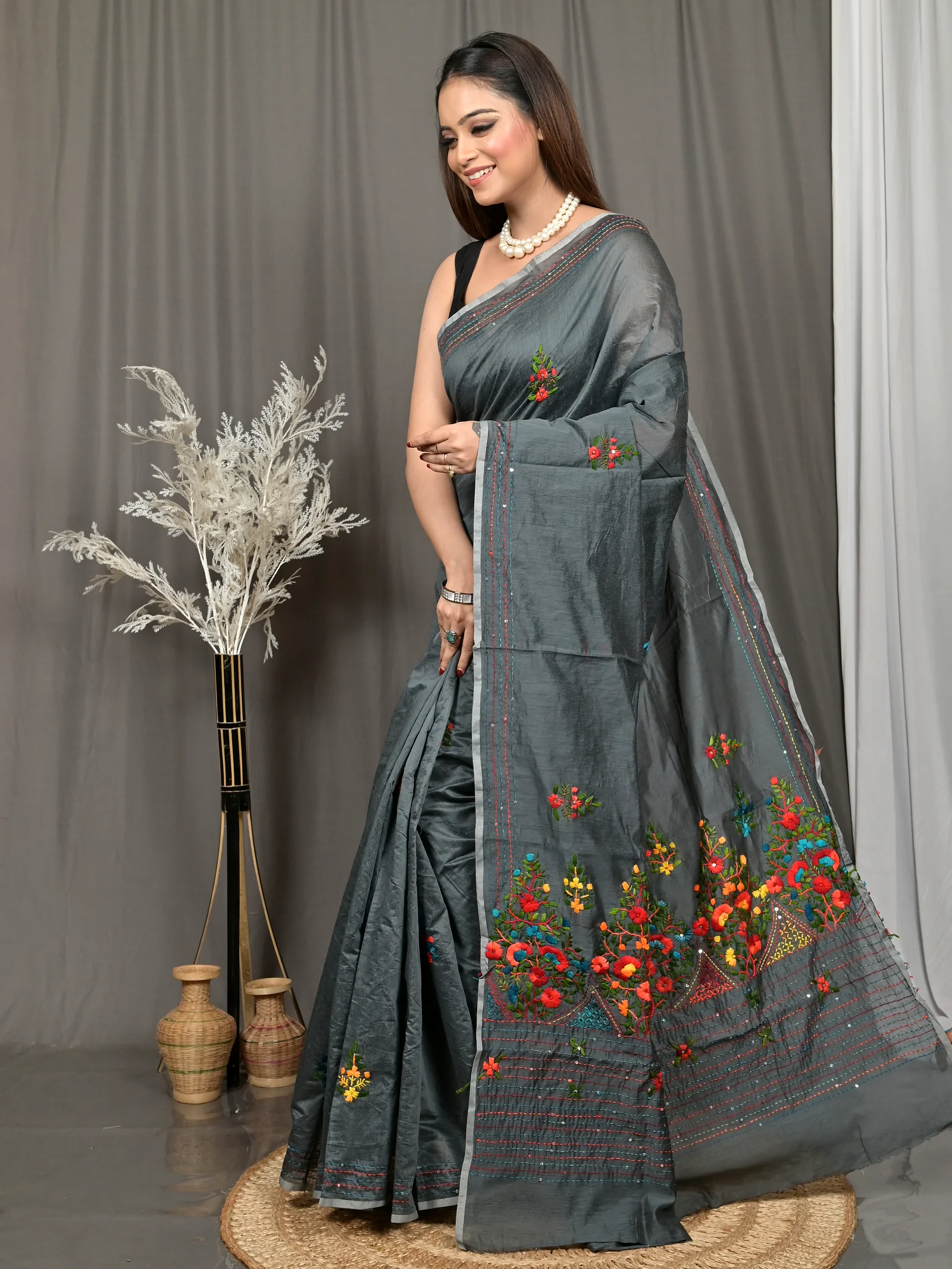 Dark Grey Cotton Soubun Kathan Saree  (638)