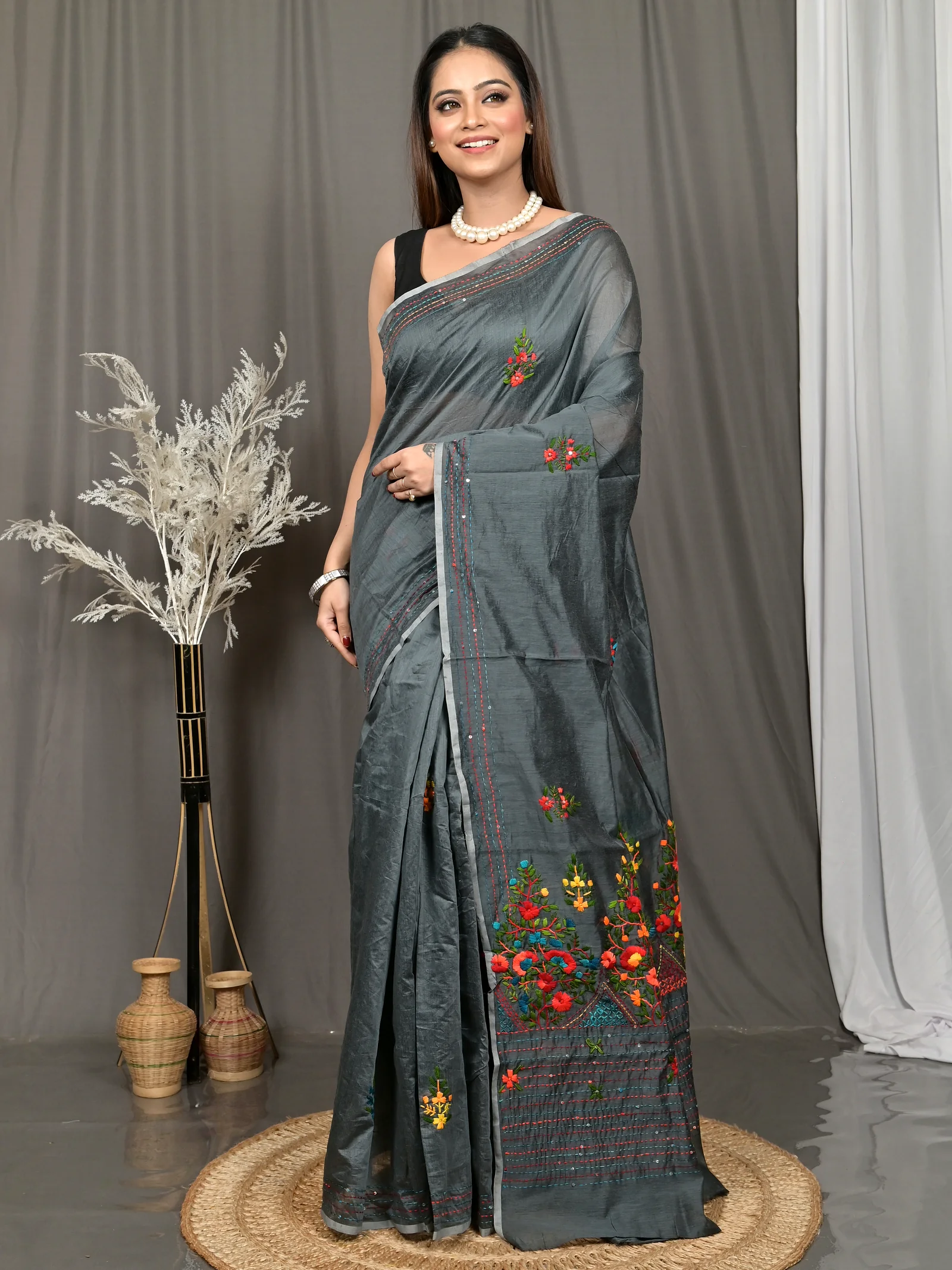 Dark Grey Cotton Soubun Kathan Saree  (638)