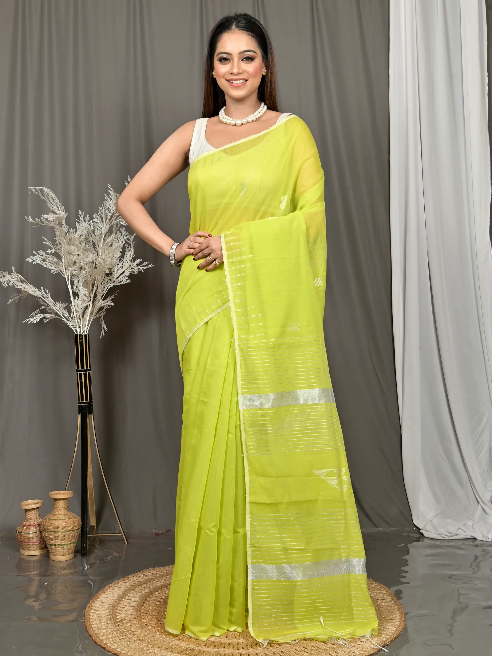 Lemon Green Cotton Soubit Handloom Saree  (639)