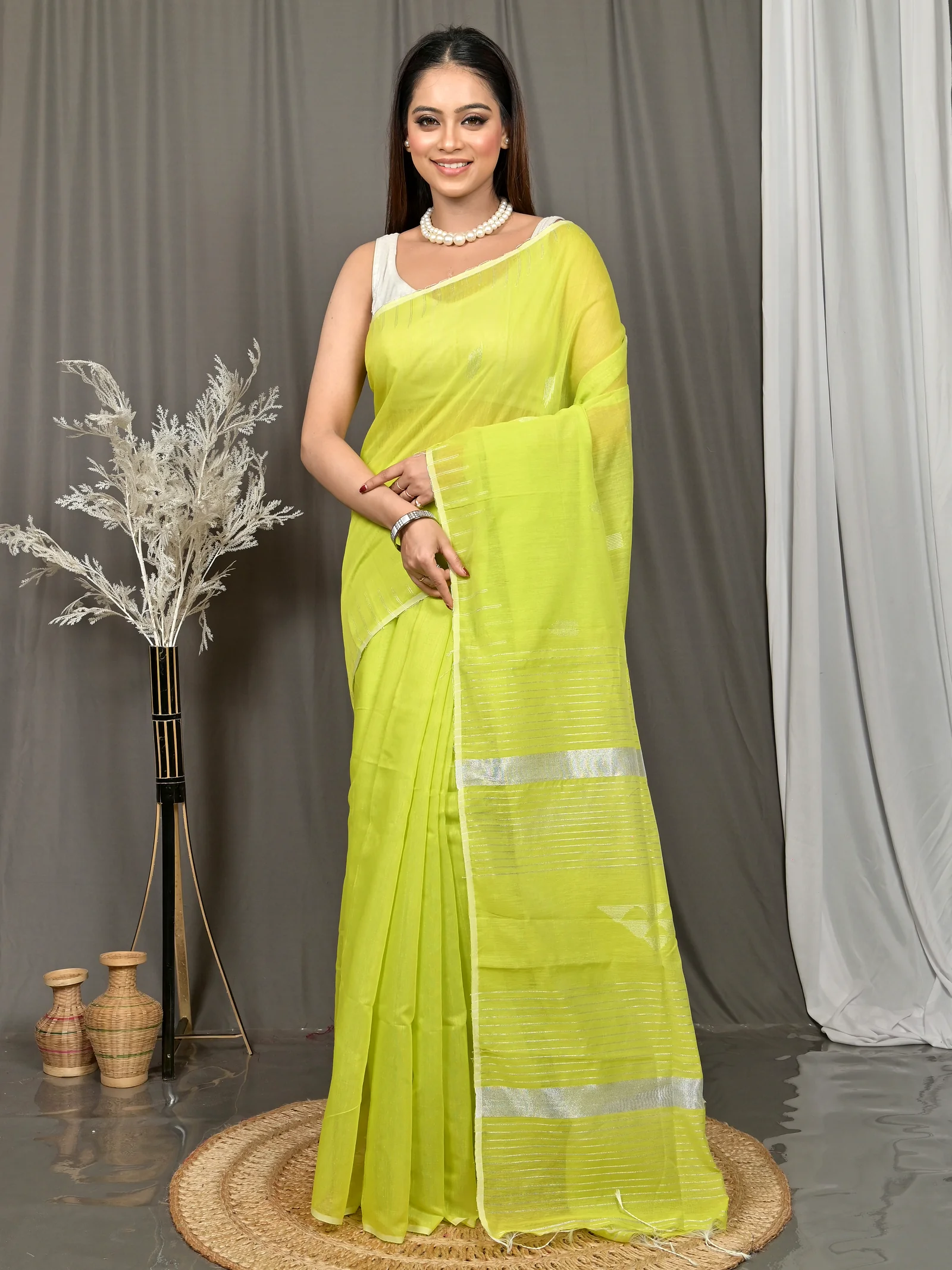 Lemon Green Cotton Soubit Handloom Saree  (639)