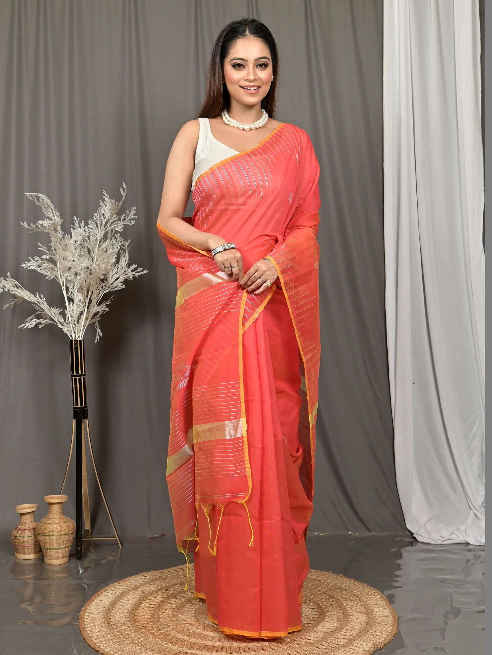 Peach Cotton Soubit Handloom Saree  (640)