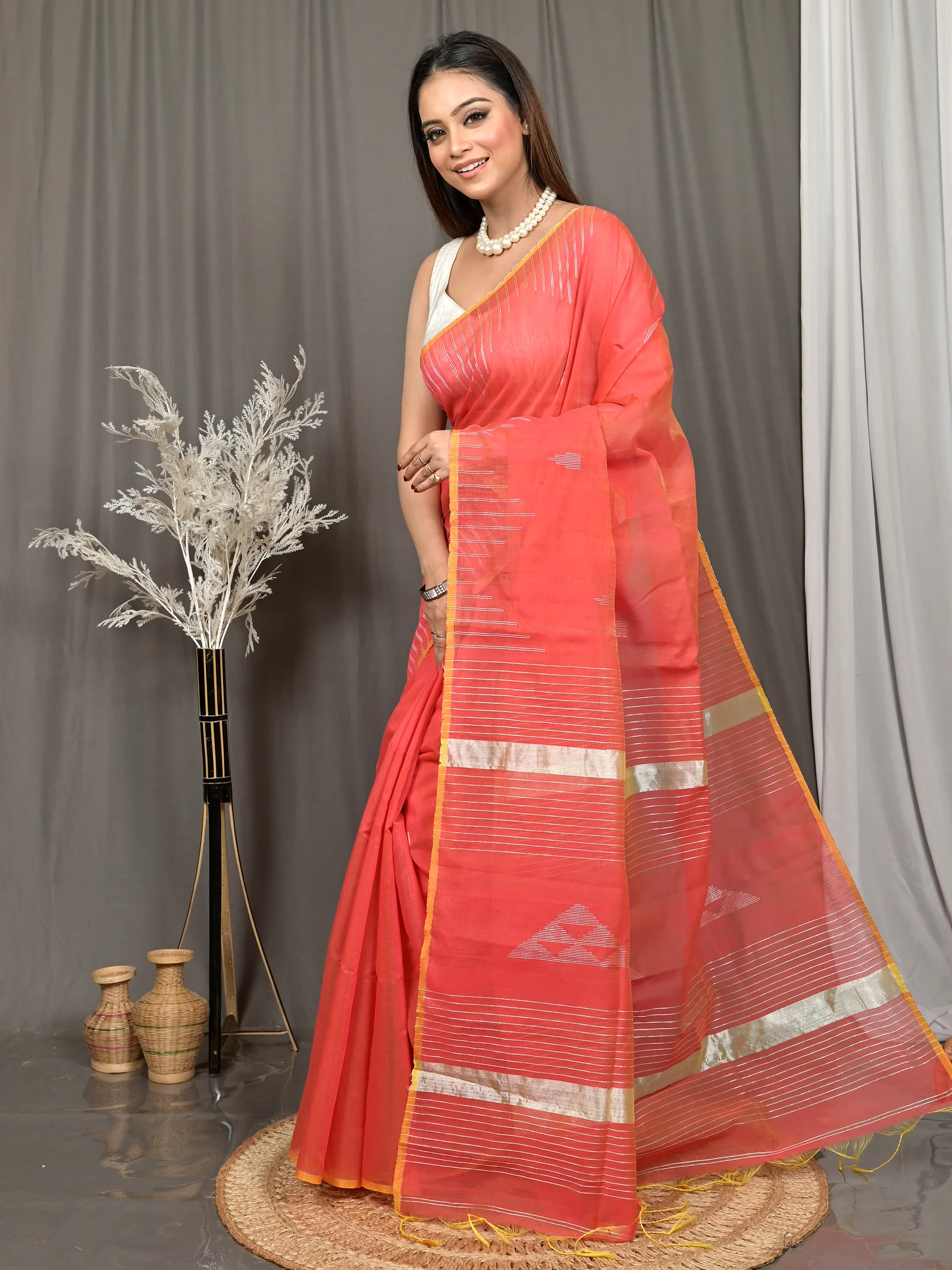 Peach Cotton Soubit Handloom Saree  (640)