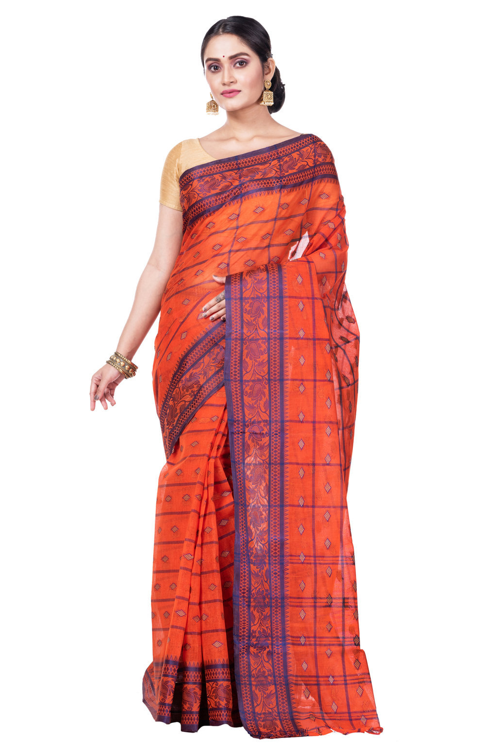 Orange Pure Cotton Diamond_Tant Tant Saree (644)