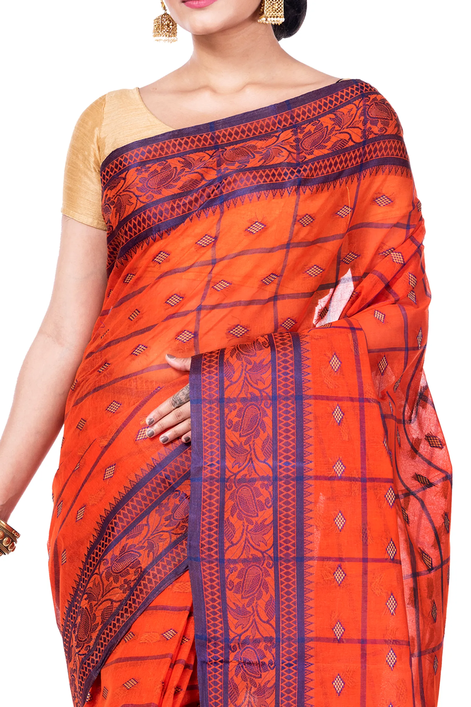 Orange Pure Cotton Diamond_Tant Tant Saree (644)