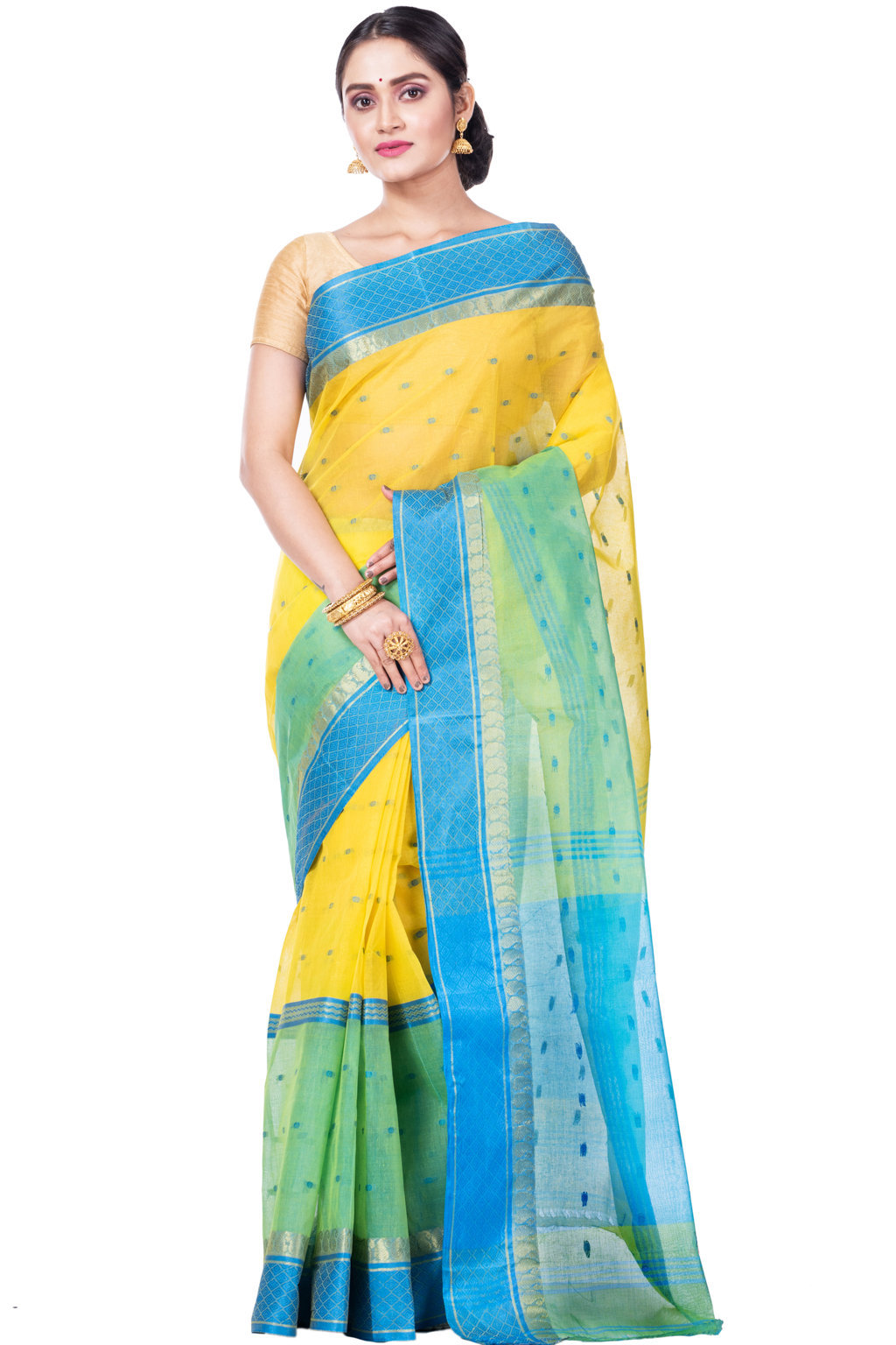 Yellow Pure Cotton Ganga Jamuna_Buti Tant Saree (648)