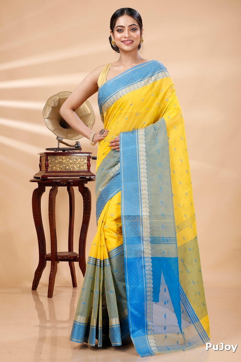 Yellow Pure Cotton Ganga Jamuna_Buti Tant Saree (648)