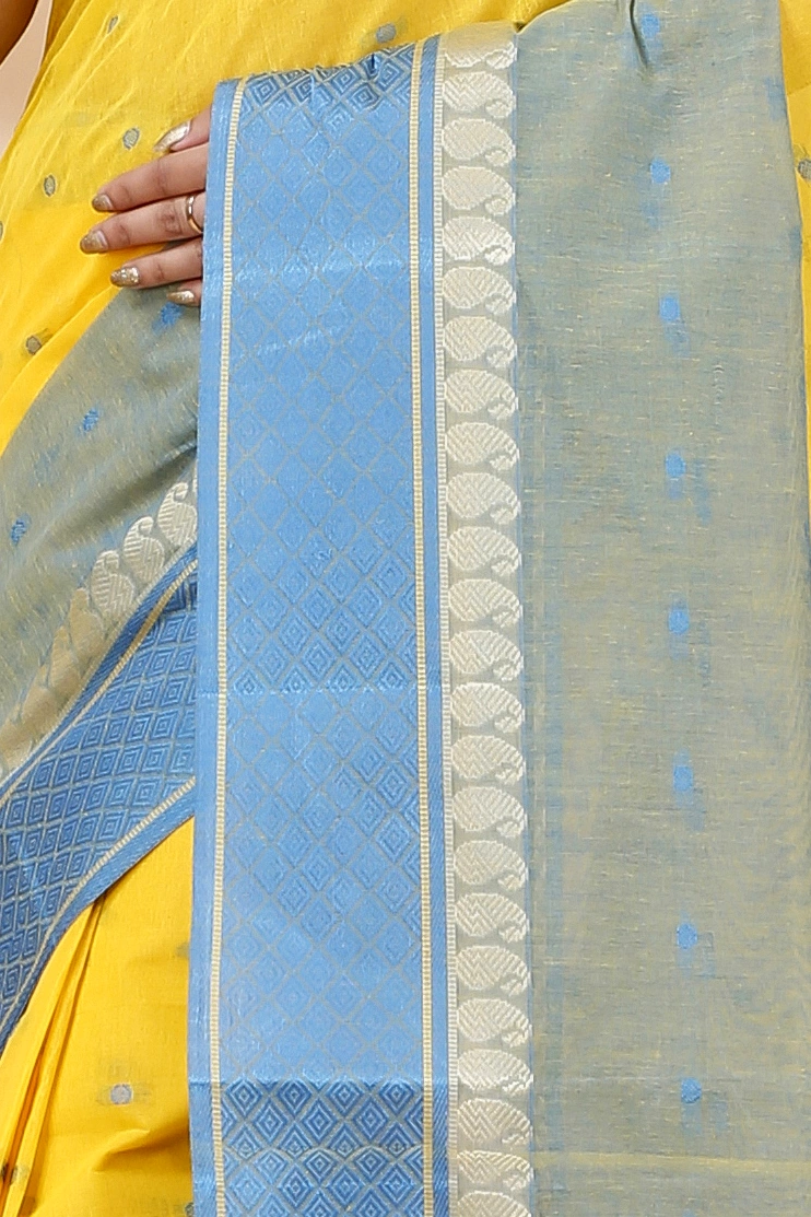 Yellow Pure Cotton Ganga Jamuna_Buti Tant Saree (648)