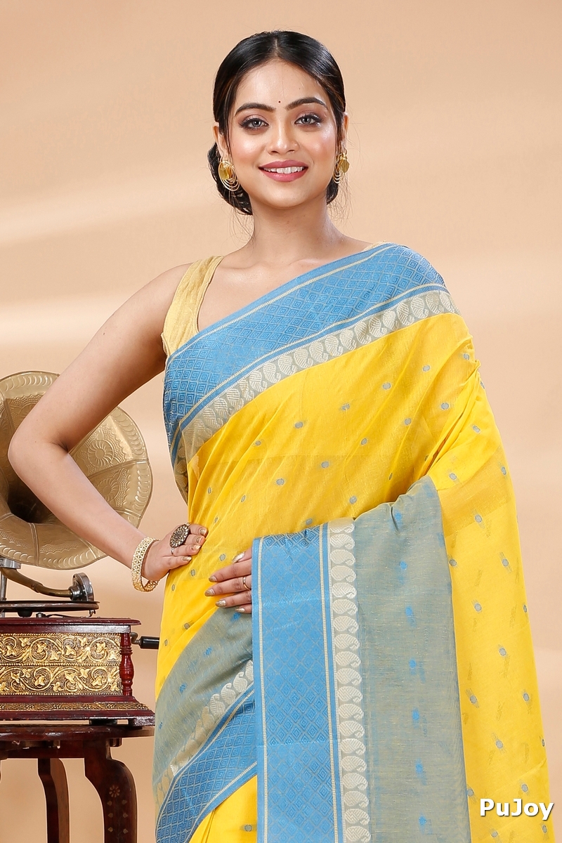 Yellow Pure Cotton Ganga Jamuna_Buti Tant Saree (648)