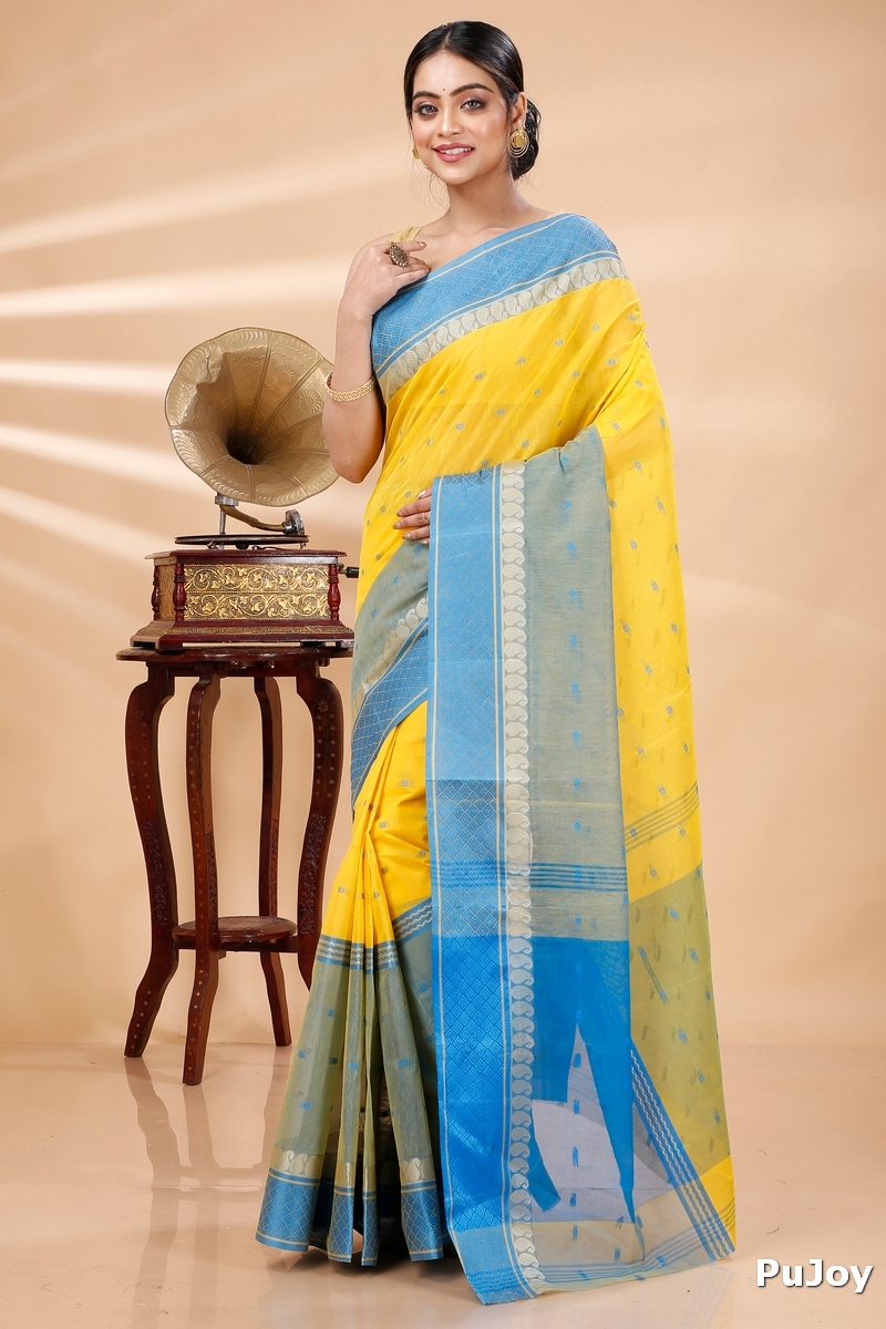 Yellow Pure Cotton Ganga Jamuna_Buti Tant Saree (648)