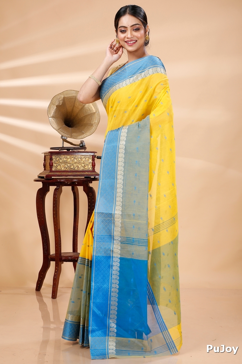 Yellow Pure Cotton Ganga Jamuna_Buti Tant Saree (648)