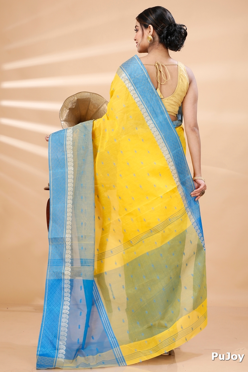 Yellow Pure Cotton Ganga Jamuna_Buti Tant Saree (648)