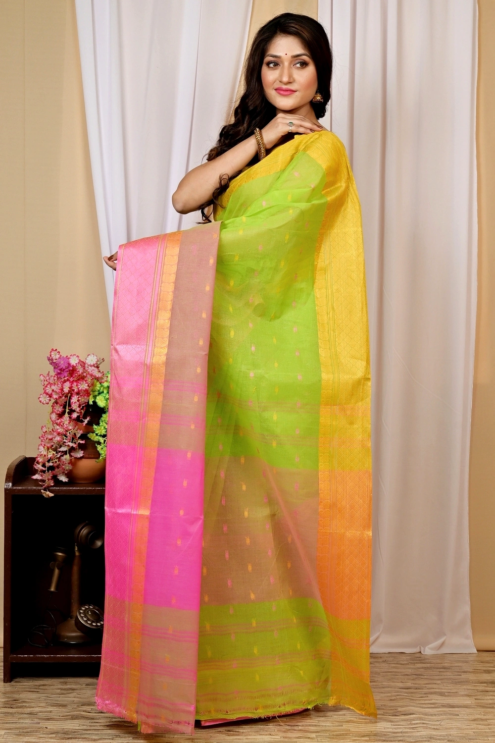 Light Green Pure Cotton Ganga Jamuna_Buti Tant Saree (649)
