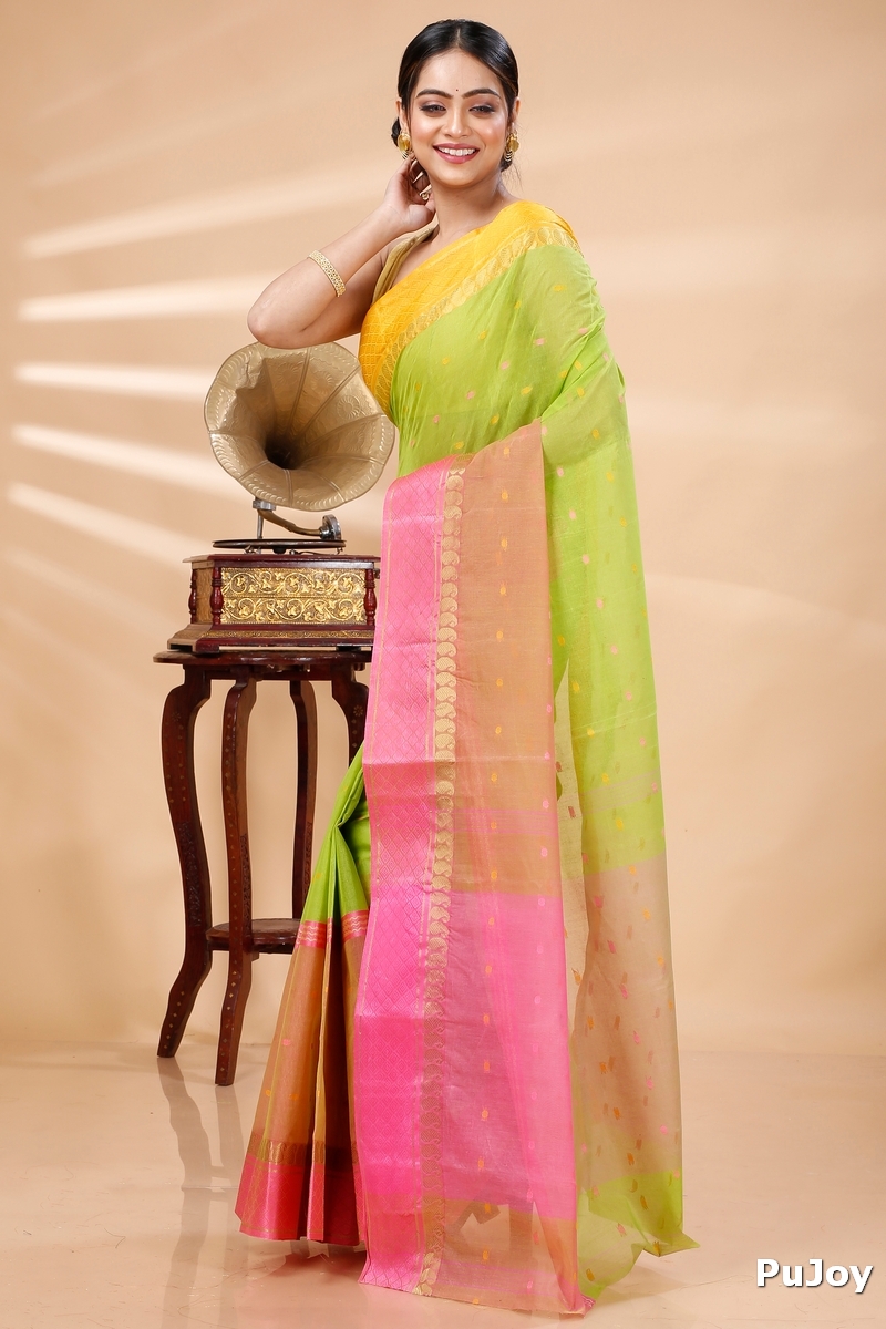 Light Green Pure Cotton Ganga Jamuna_Buti Tant Saree (649)