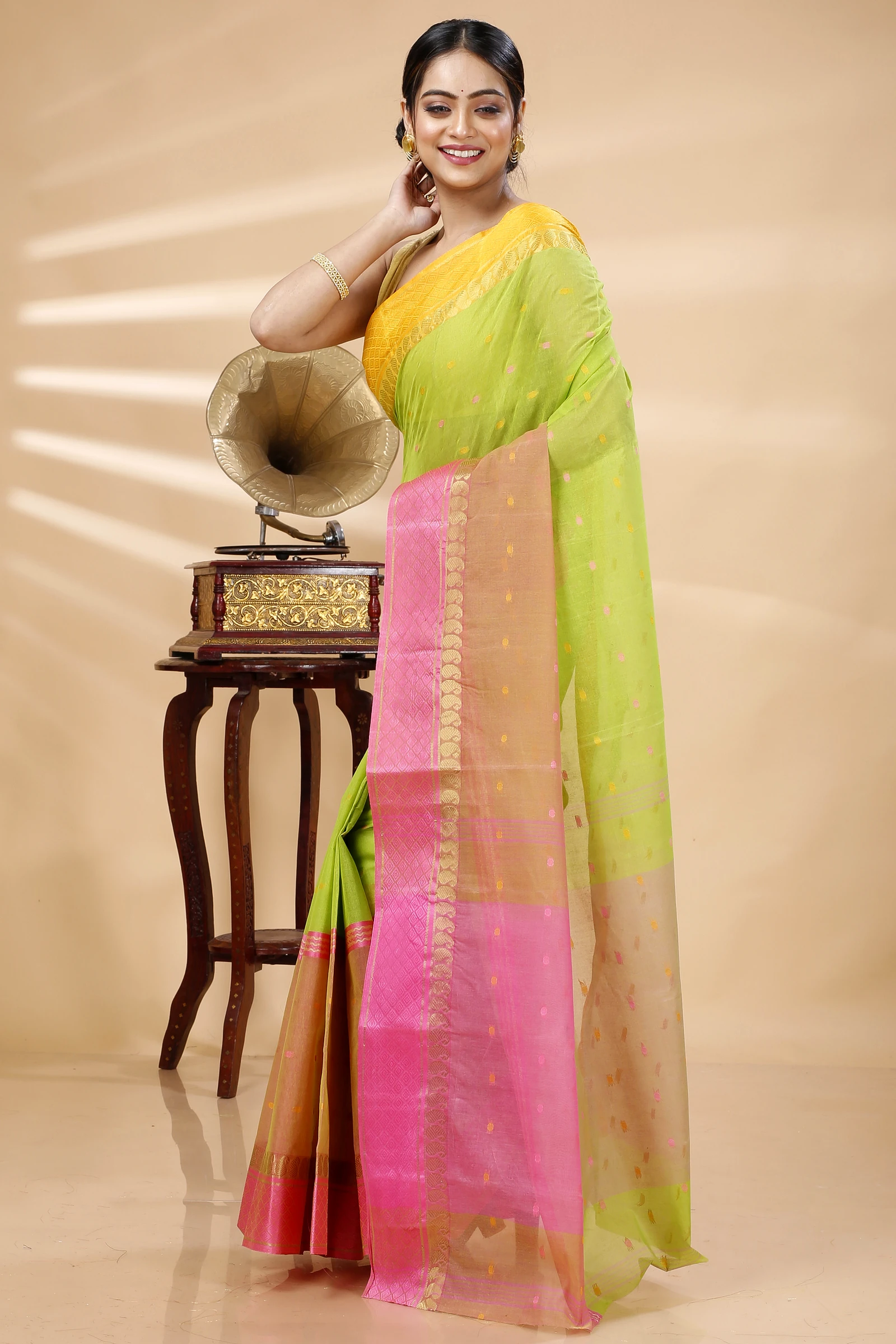 Light Green Pure Cotton Ganga Jamuna_Buti Tant Saree (649)