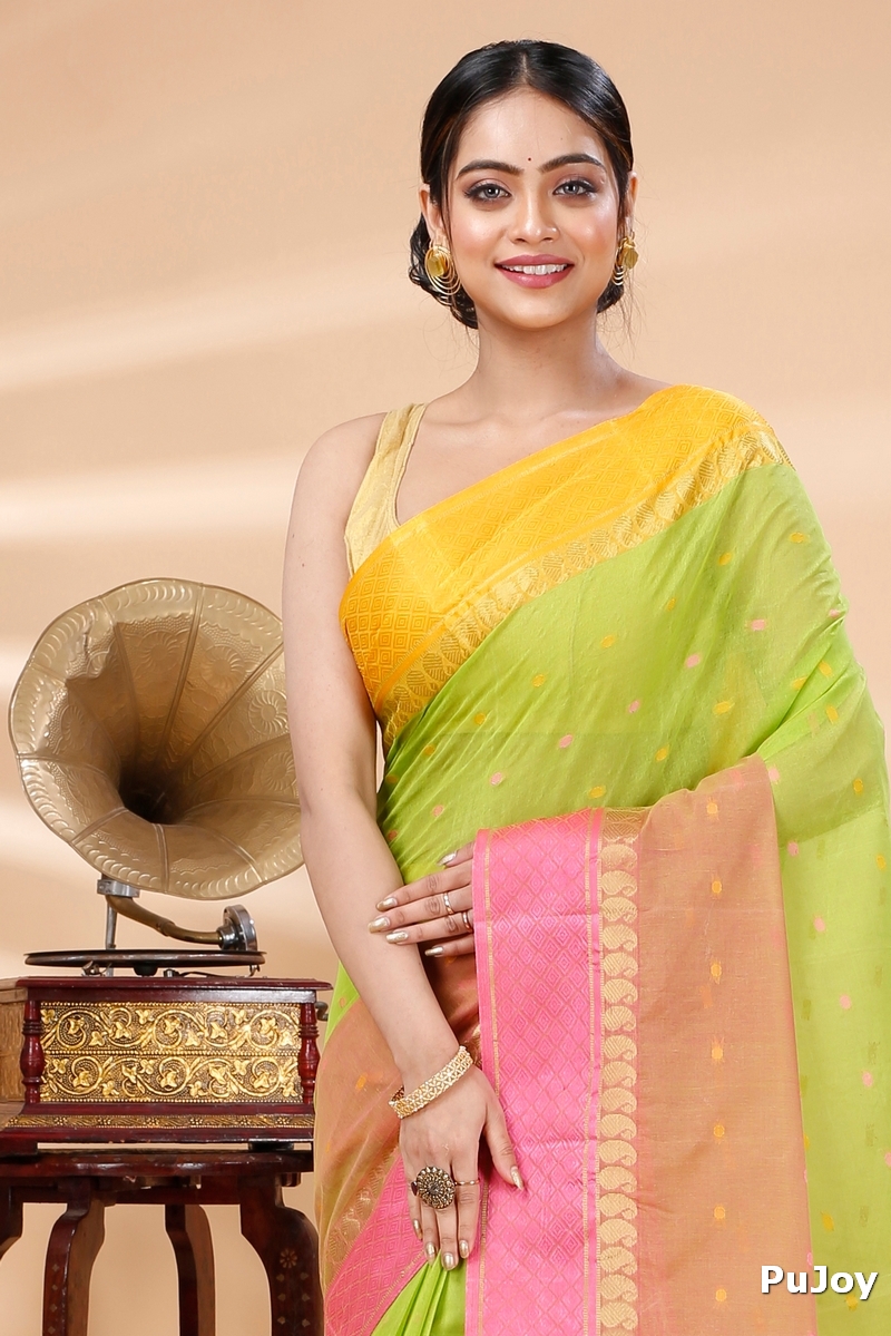 Light Green Pure Cotton Ganga Jamuna_Buti Tant Saree (649)