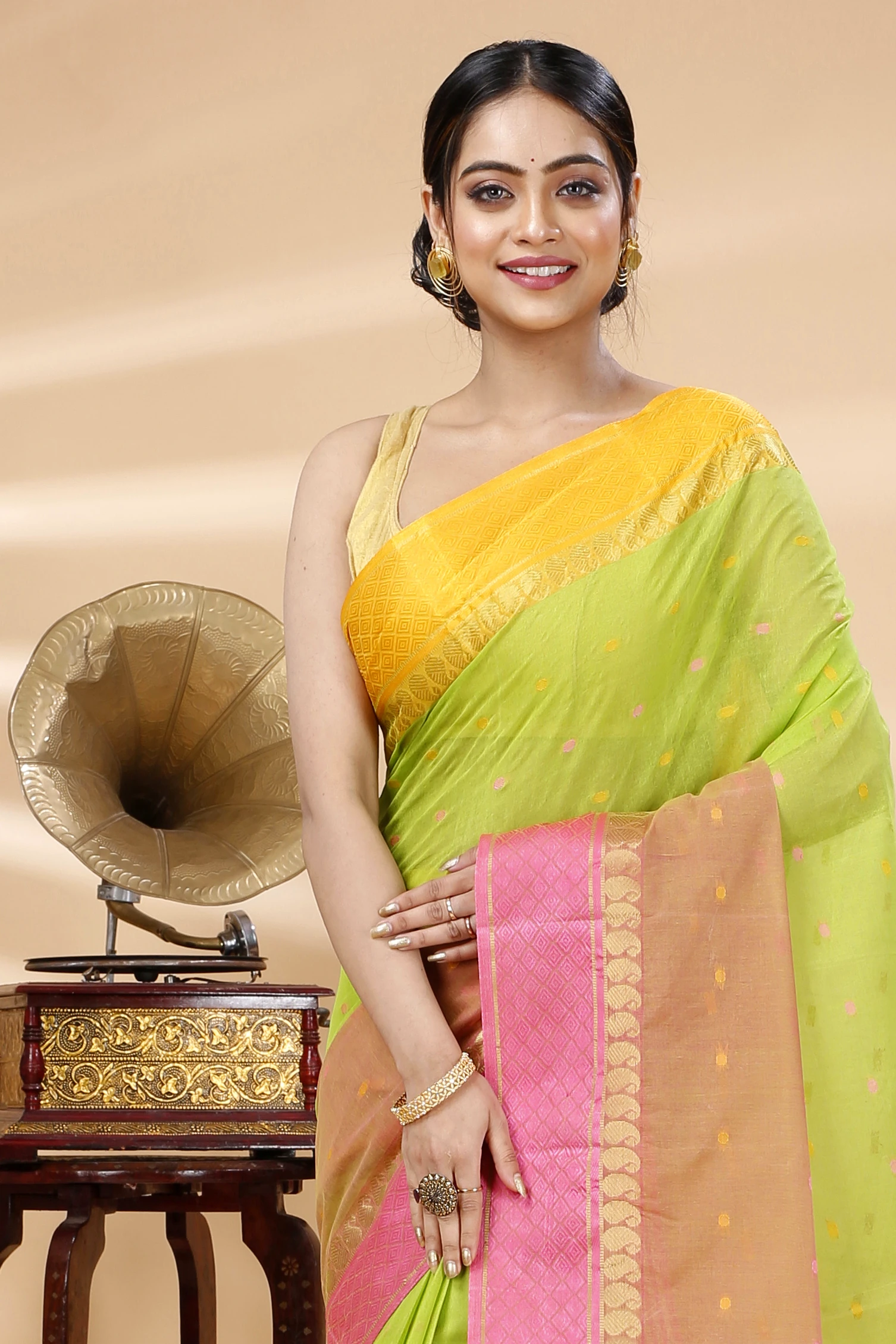 Light Green Pure Cotton Ganga Jamuna_Buti Tant Saree (649)